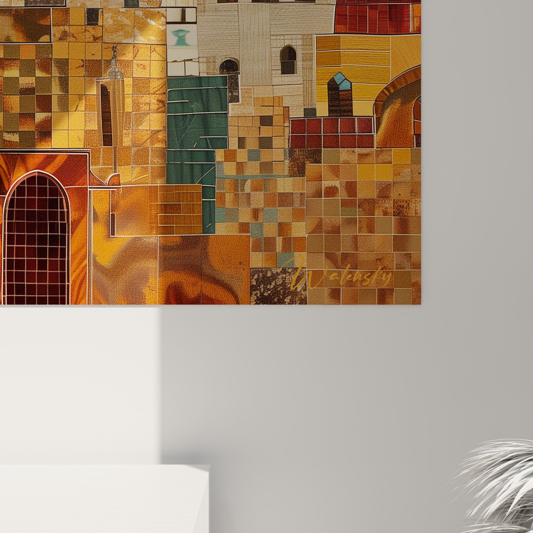 Vue ensemble tableau mural cite orientale doree mosaique decoration interieur art islamique