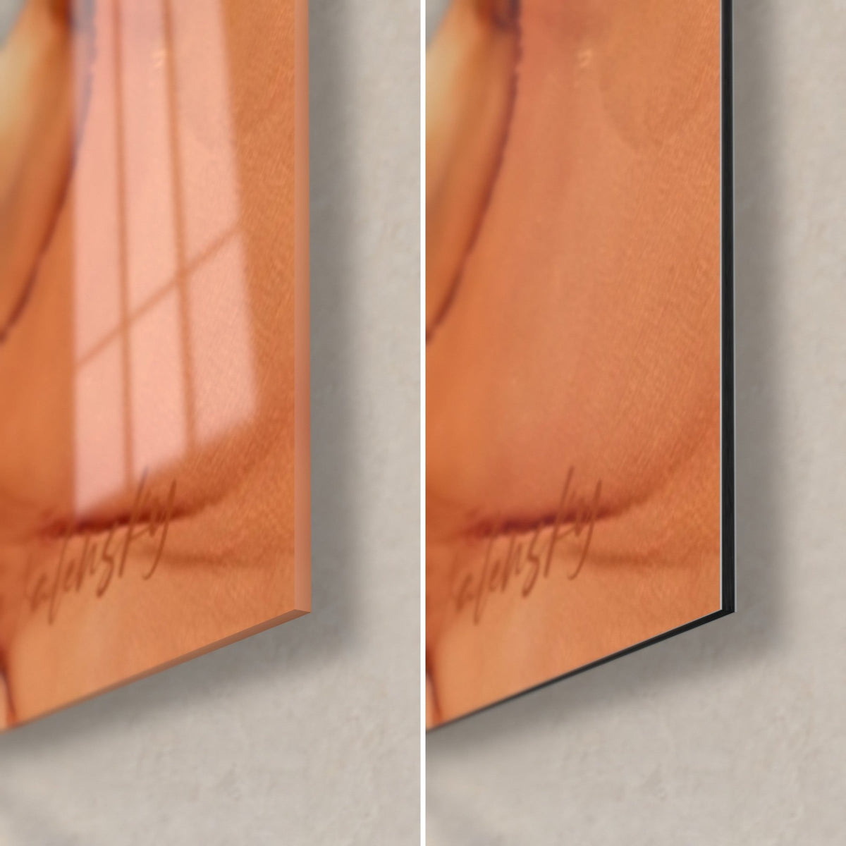 Gemälde Meerschweinchenduo, untere rechte Ecke: glänzendes Acrylglas mit Reflexen und mattes schwarzes Aluminium-Dibond, 3 mm Stärke