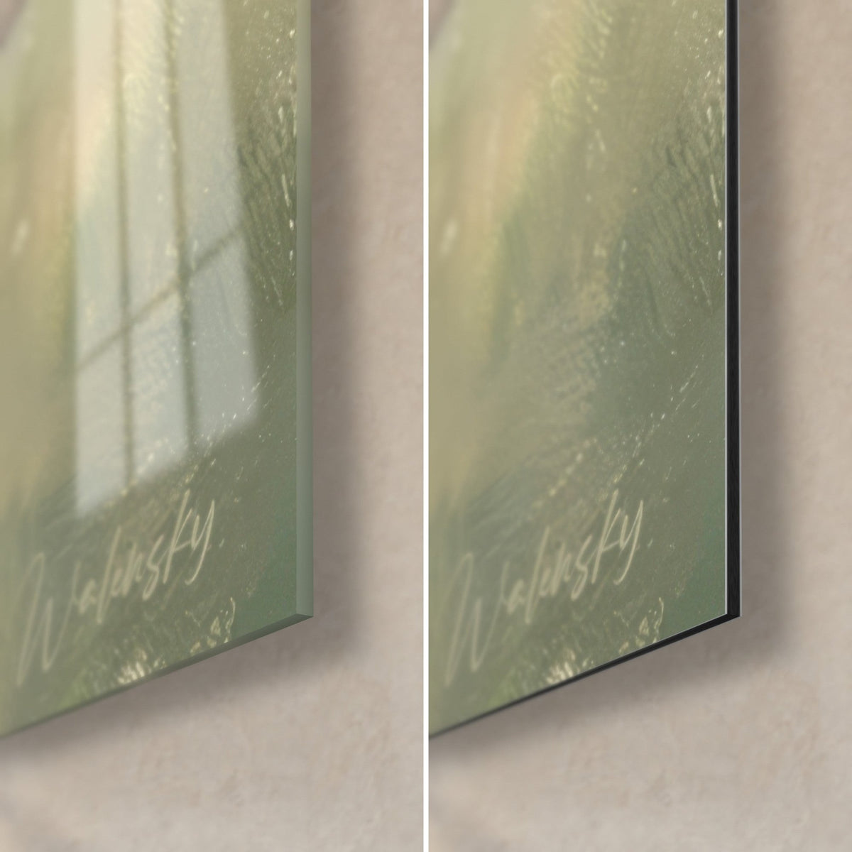 Tableau chien doré en peinture à l'huile, coin bas droit : verre brillant à reflets, Dibond noir mat, signature Walensky