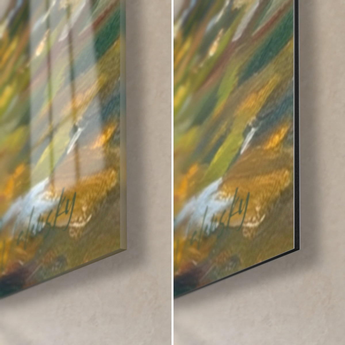 Wall art cocker puppy in a flowering undergrowth, bottom right corner: glossy acrylic glass on the left, matte Dibond aluminium on the right, 3 mm edge