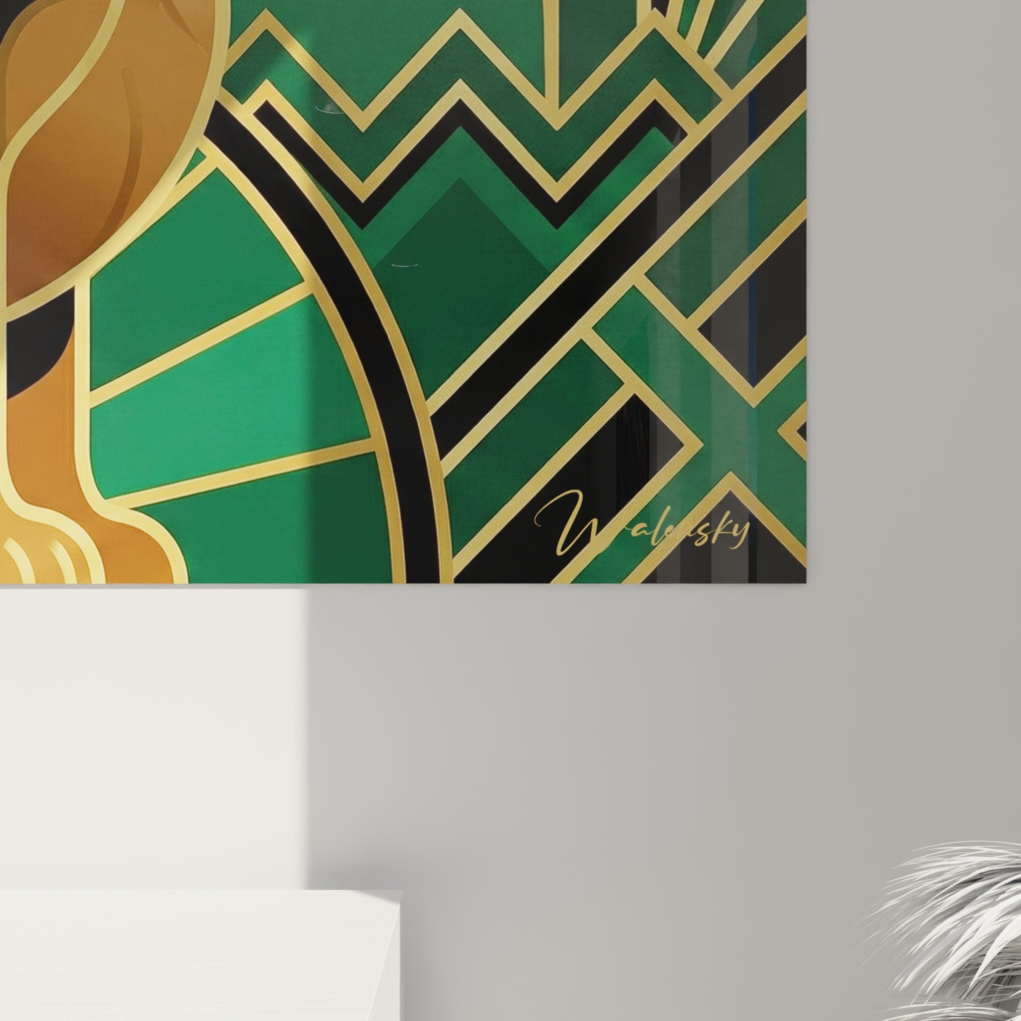 Vue ensemble tableau Cocker Anglais Art Déco composition géométrique dorée verte décoration intérieure