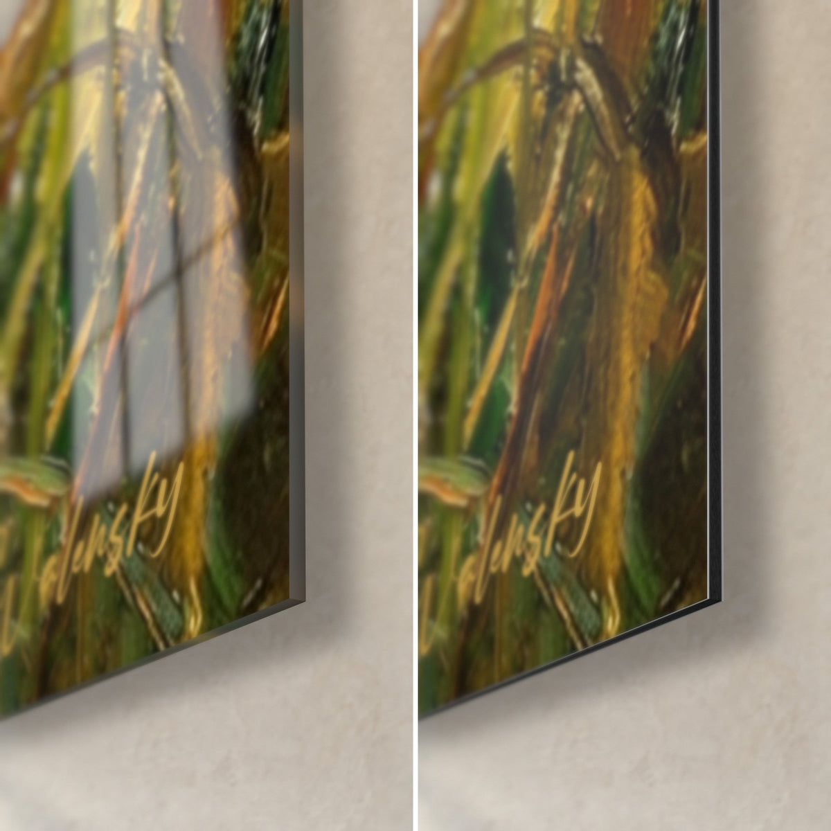 Wall art of a red spaniel in the grass, bottom right corner: glossy acrylic glass on the left, matte black Dibond on the right, 3 mm edge