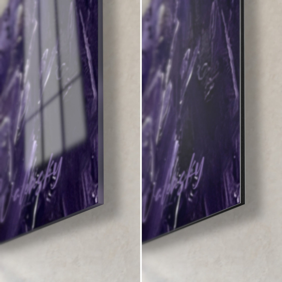 Wall art of a roan cocker on a purple sky, bottom right corner: glossy acrylic glass reflecting the window, matte black Dibond