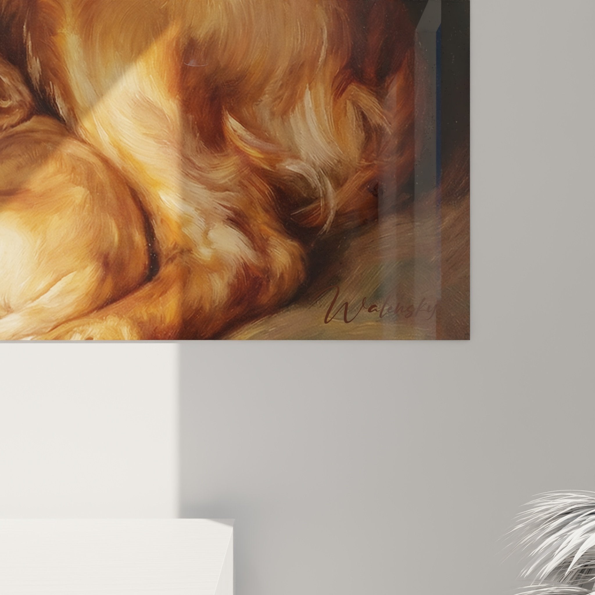 Vue ensemble tableau cocker mère et chiot - œuvre animalière aux nuances dorées chaleureuses