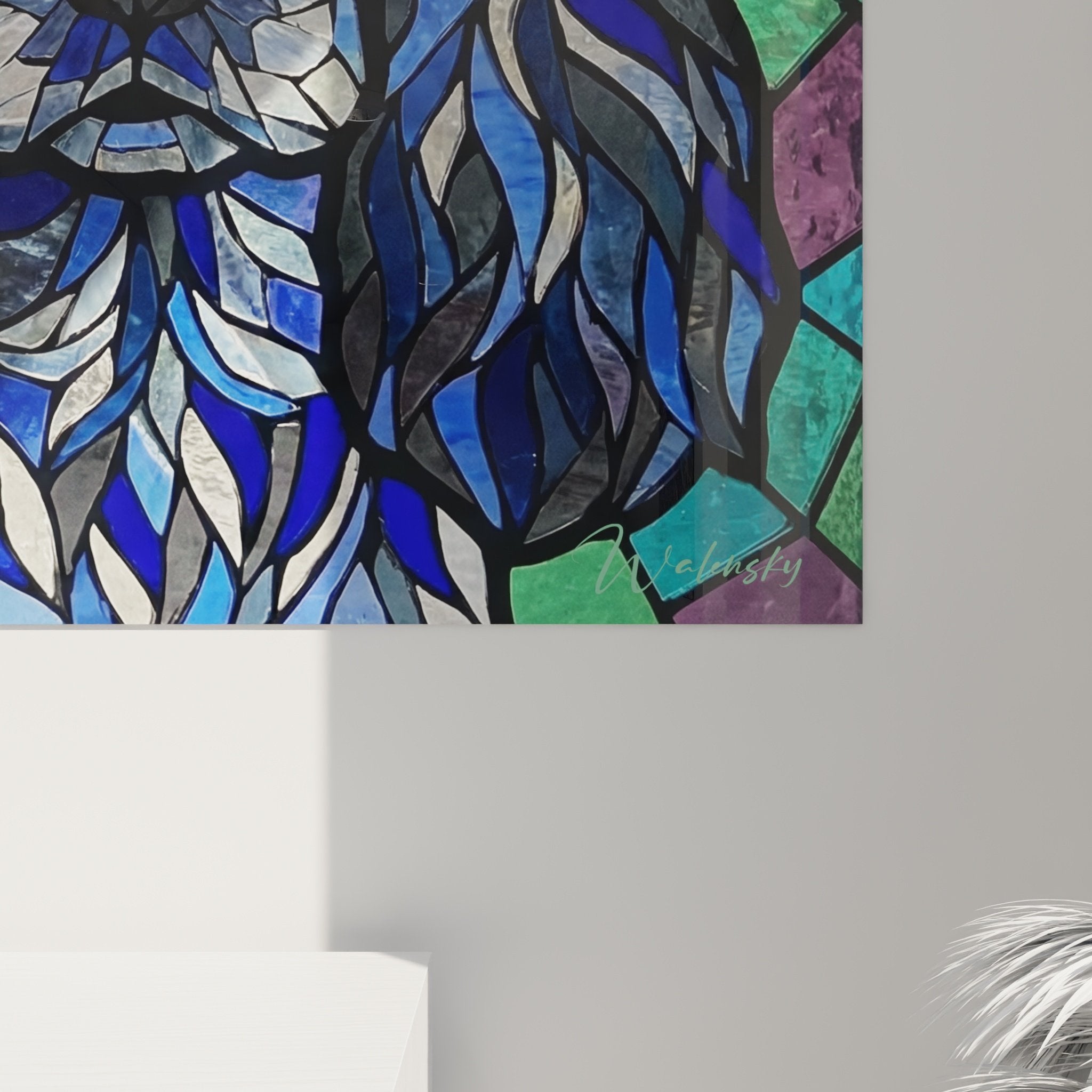 Vue ensemble tableau Cocker Anglais mosaique coloree bleu turquoise violet art mural contemporain