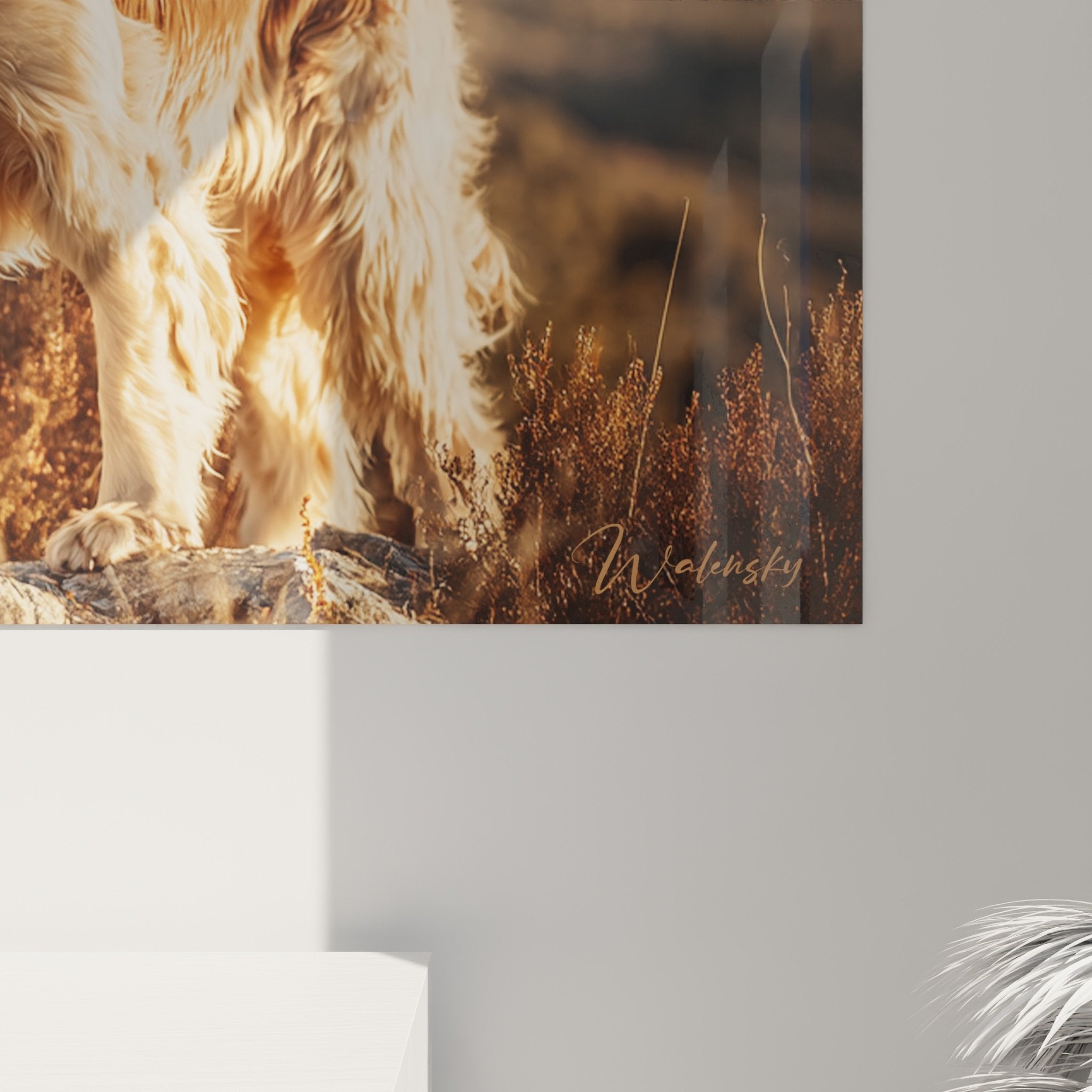 Vue ensemble tableau cocker americain prairie doree dans salon moderne decoration murale tons chauds