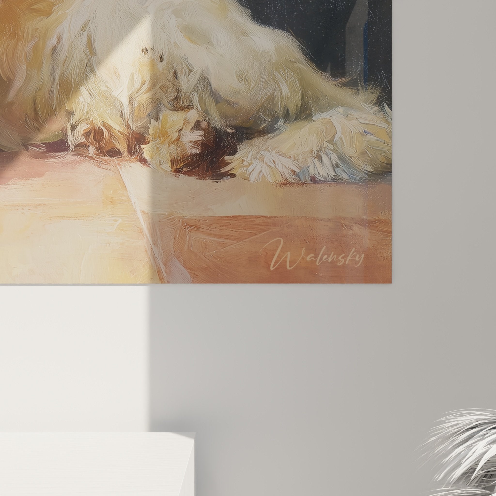 Vue ensemble tableau chien cocker spaniel contemplatif ambiance sereine decoration murale