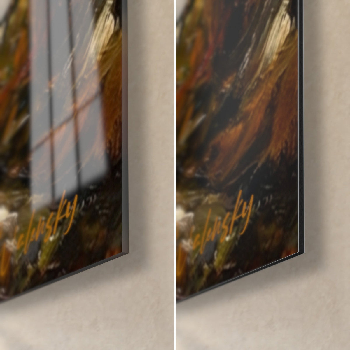 Gemälde Windhund mit wehendem rotem Fell, untere rechte Ecke: glänzendes Acrylglas links, mattes Dibond rechts, 3 mm Kante