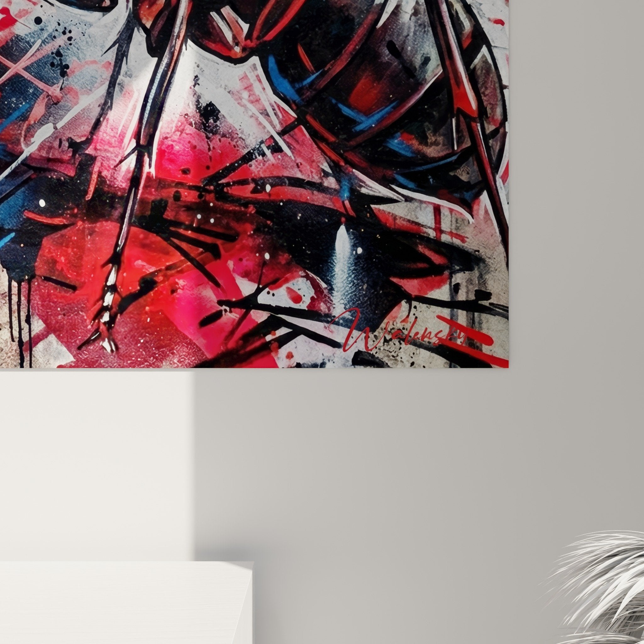 Gesamtansicht Kunstwerk Ameisen Kampf Urban Wanddekoration Wandbild rot blau zeitgenössischer Stil