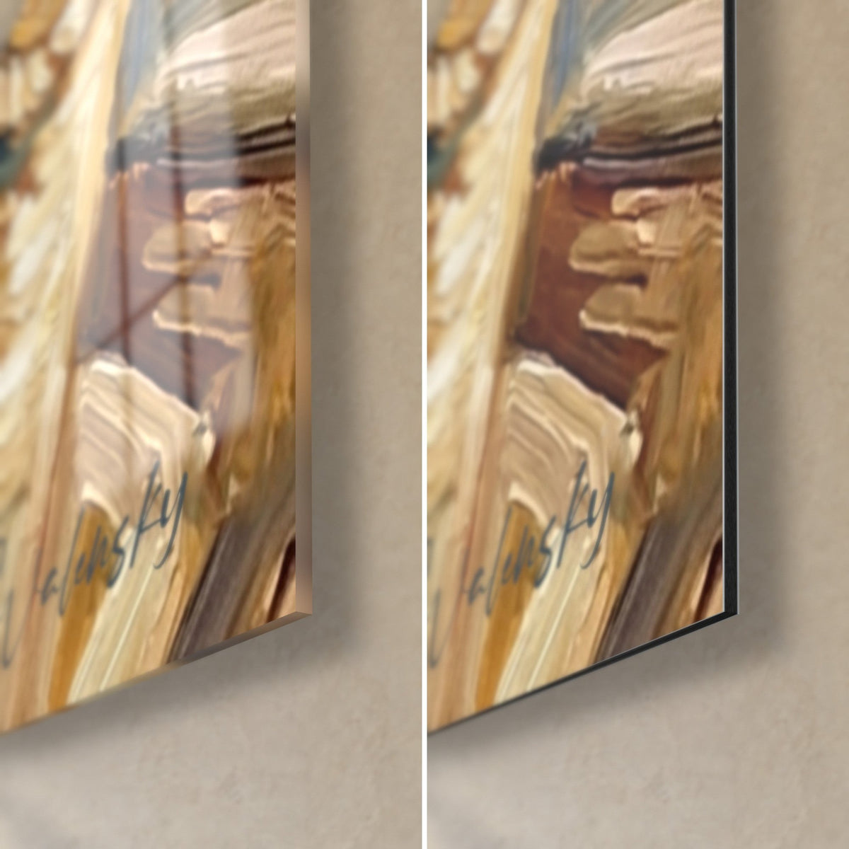 Gemälde rötlich getigerter Kater mit grünen Augen, untere rechte Ecke: glänzendes Acrylglas links, matte Alu-Dibond rechts, 3 mm Stärke