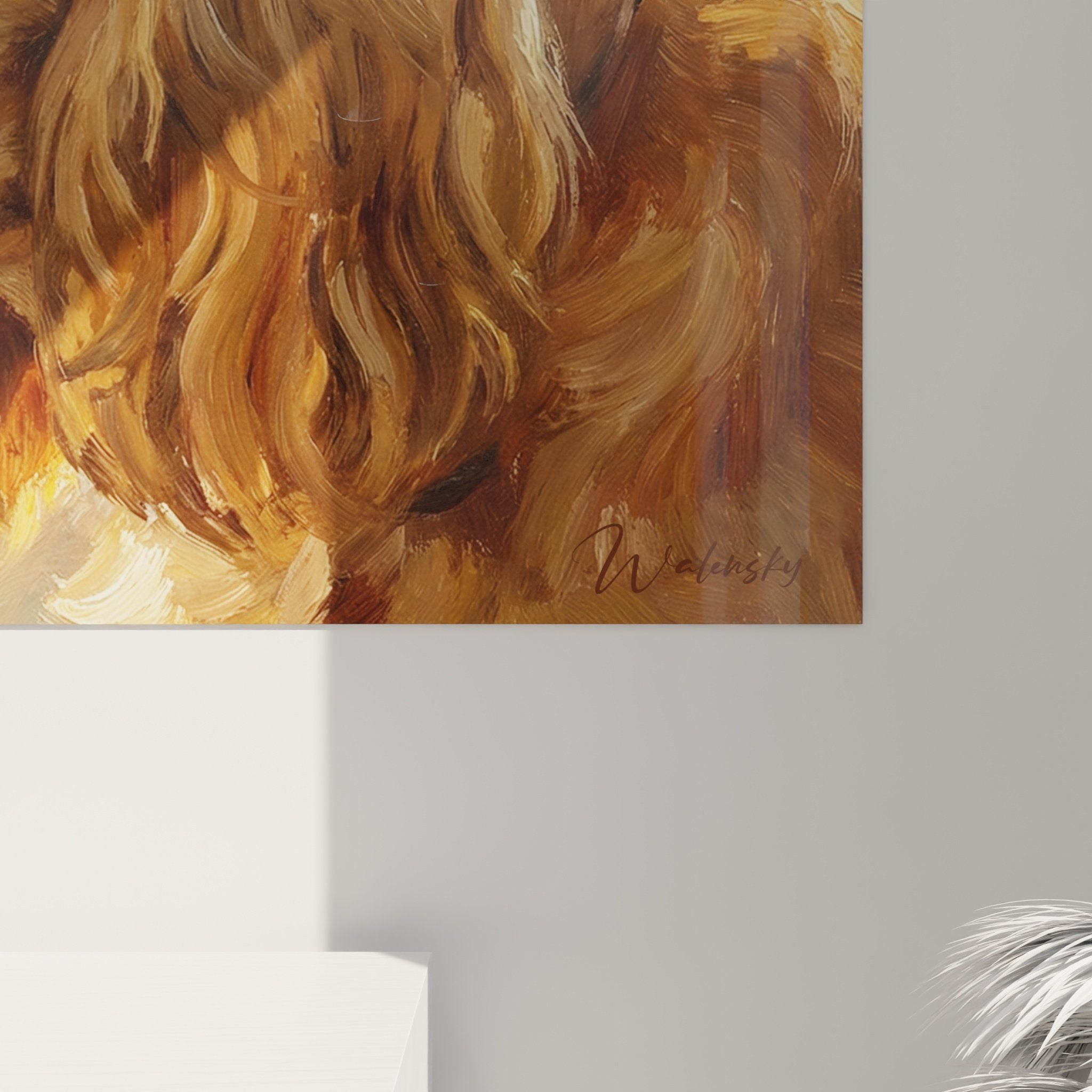 Vue ensemble tableau complicité enfant chien cocker anglais palette ocre miel décoration murale