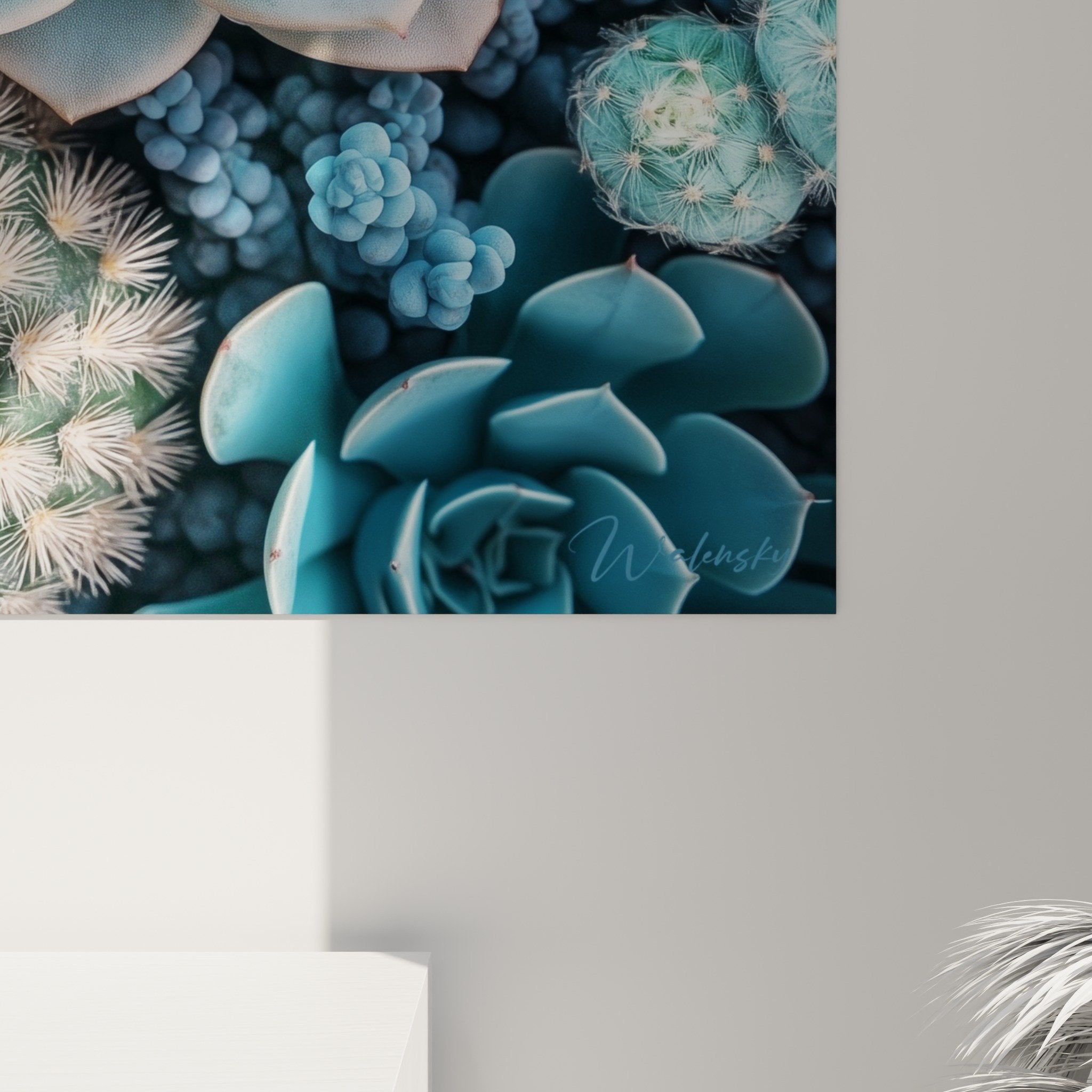 vue ensemble tableau cactus succulentes palette bleu rose composition vegetale mosaique naturelle art mural