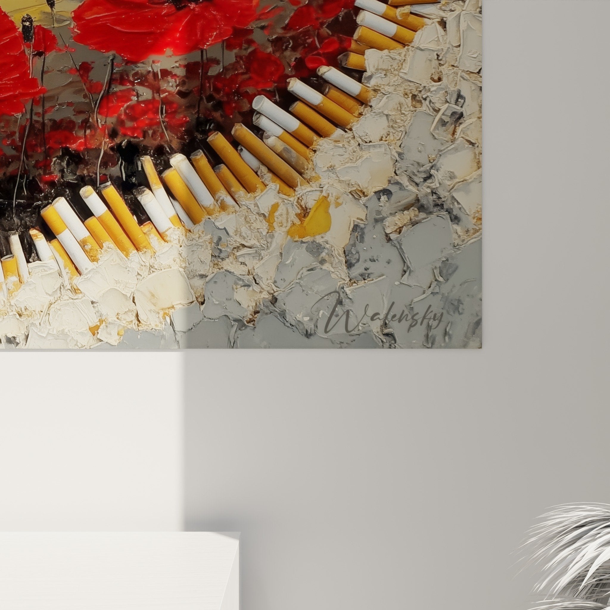 Vue ensemble tableau mural fleurs rouges composition relief tridimensionnel dore