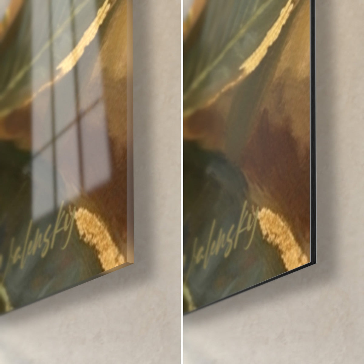 Gemälde Frangipani mit olivgrünen Blättern und goldenen Highlights, untere rechte Ecke: glänzendes Glas links, mattes Dibond rechts, 3 mm Kante