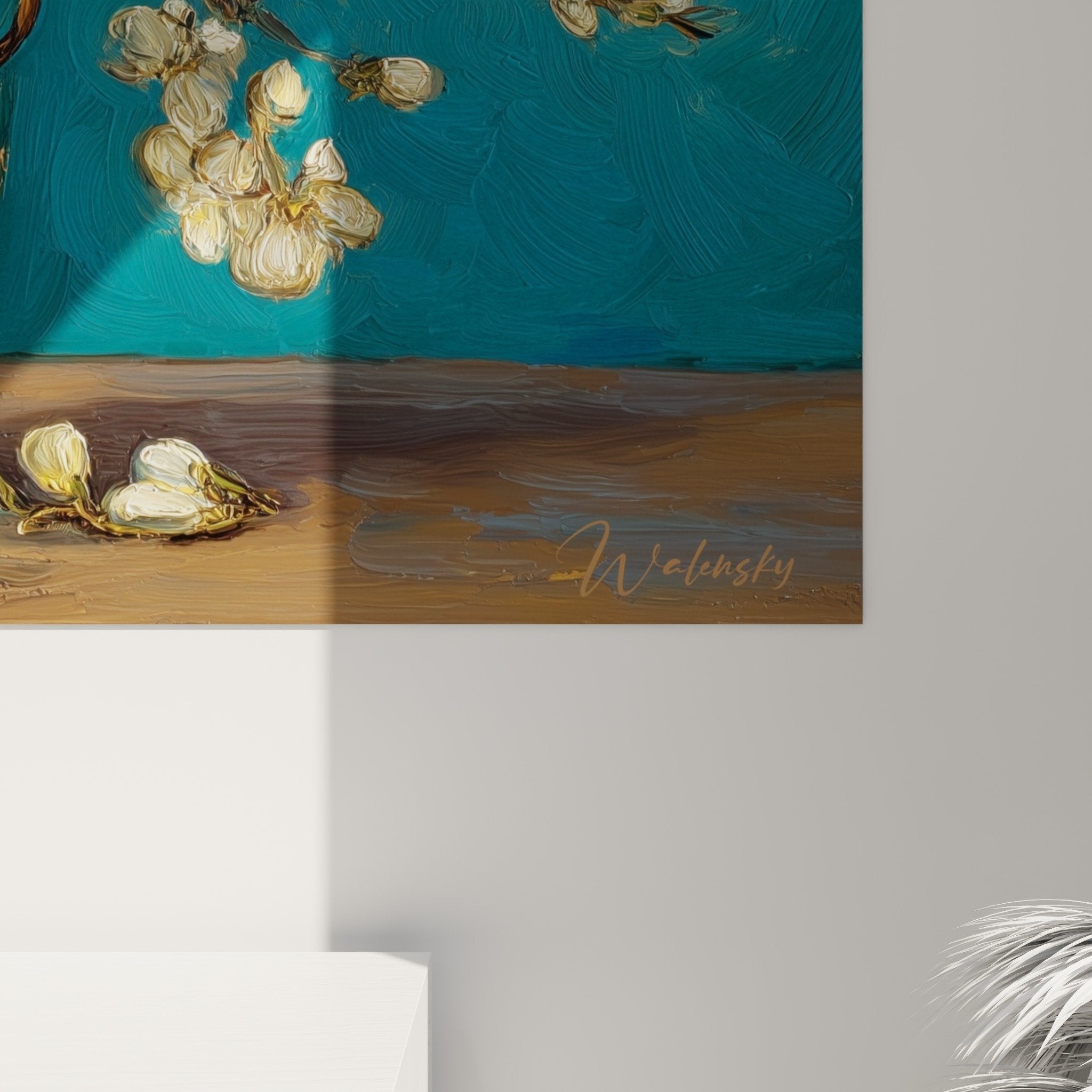 Floral branches painting with turquoise vase on blue background zen ikebana composition