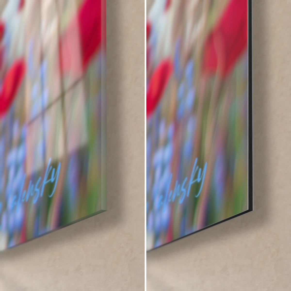 Wall art of a scarlet poppy with a black heart, blurred lavender blue and soft green background, bottom right corner in glossy glass and matte Dibond aluminium, 3 mm edge
