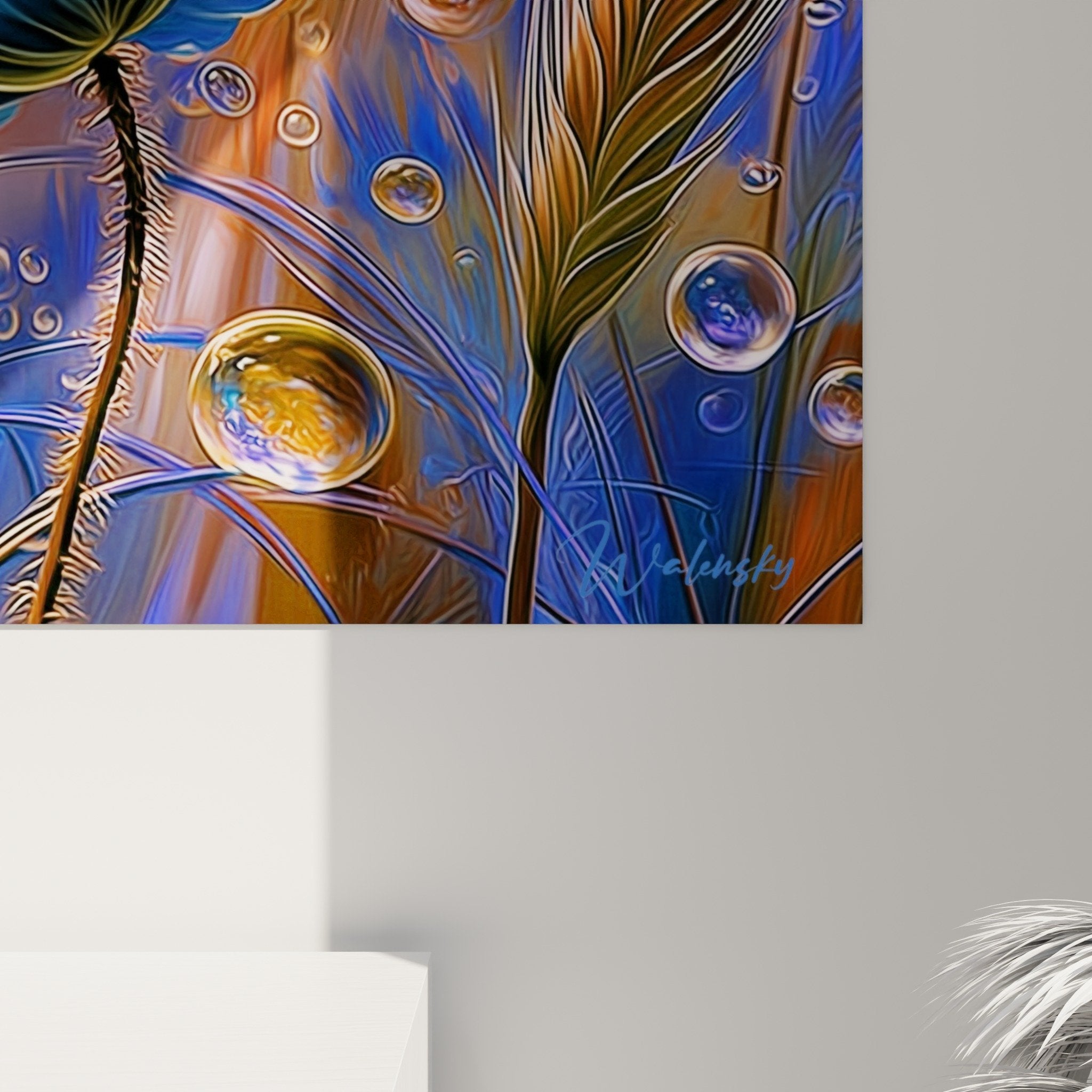 complete view blue poppy painting fairy garden floating bubbles contemporary wall decoration