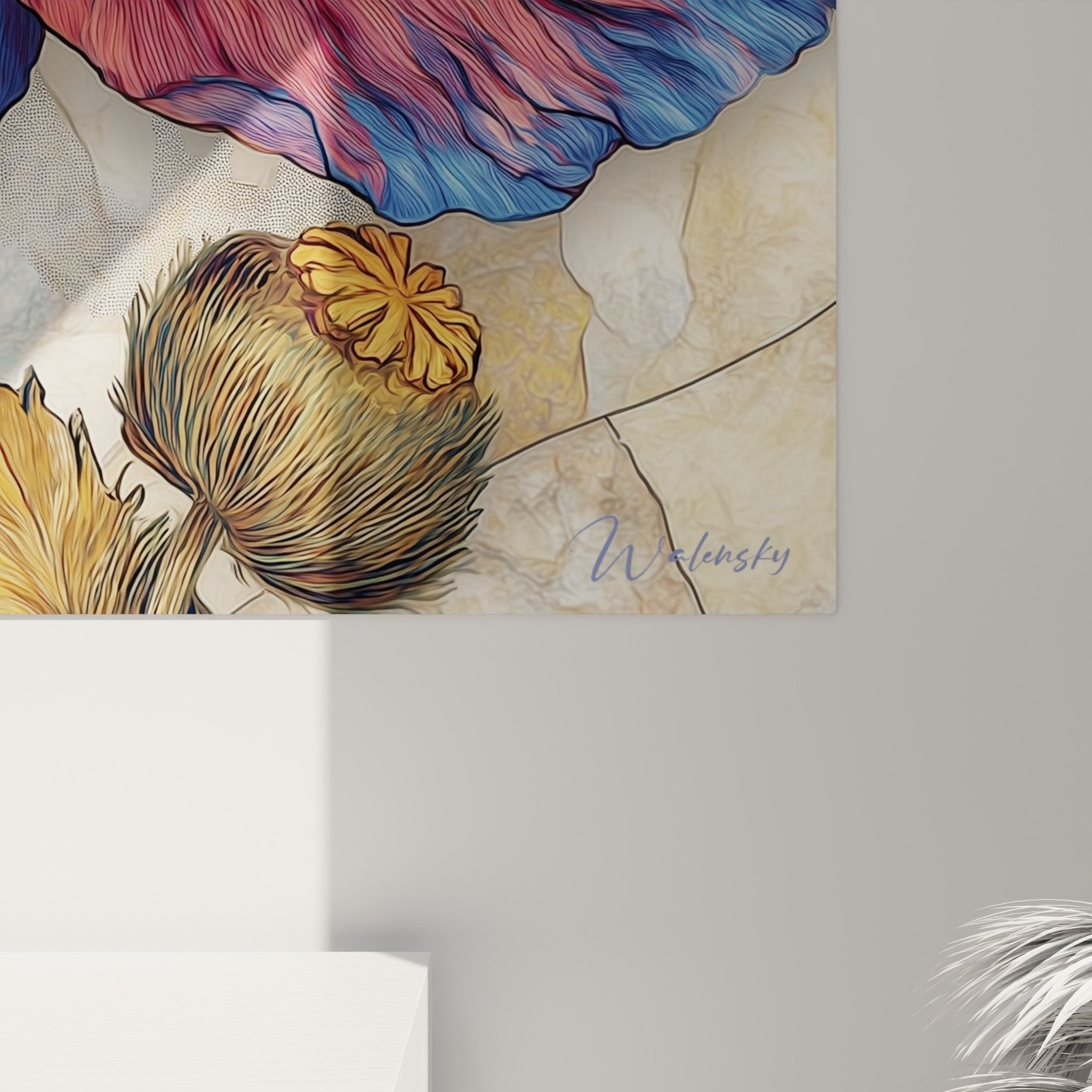 Overall view modern poppy artwork warm and cool tones sophisticated floral wall decoration