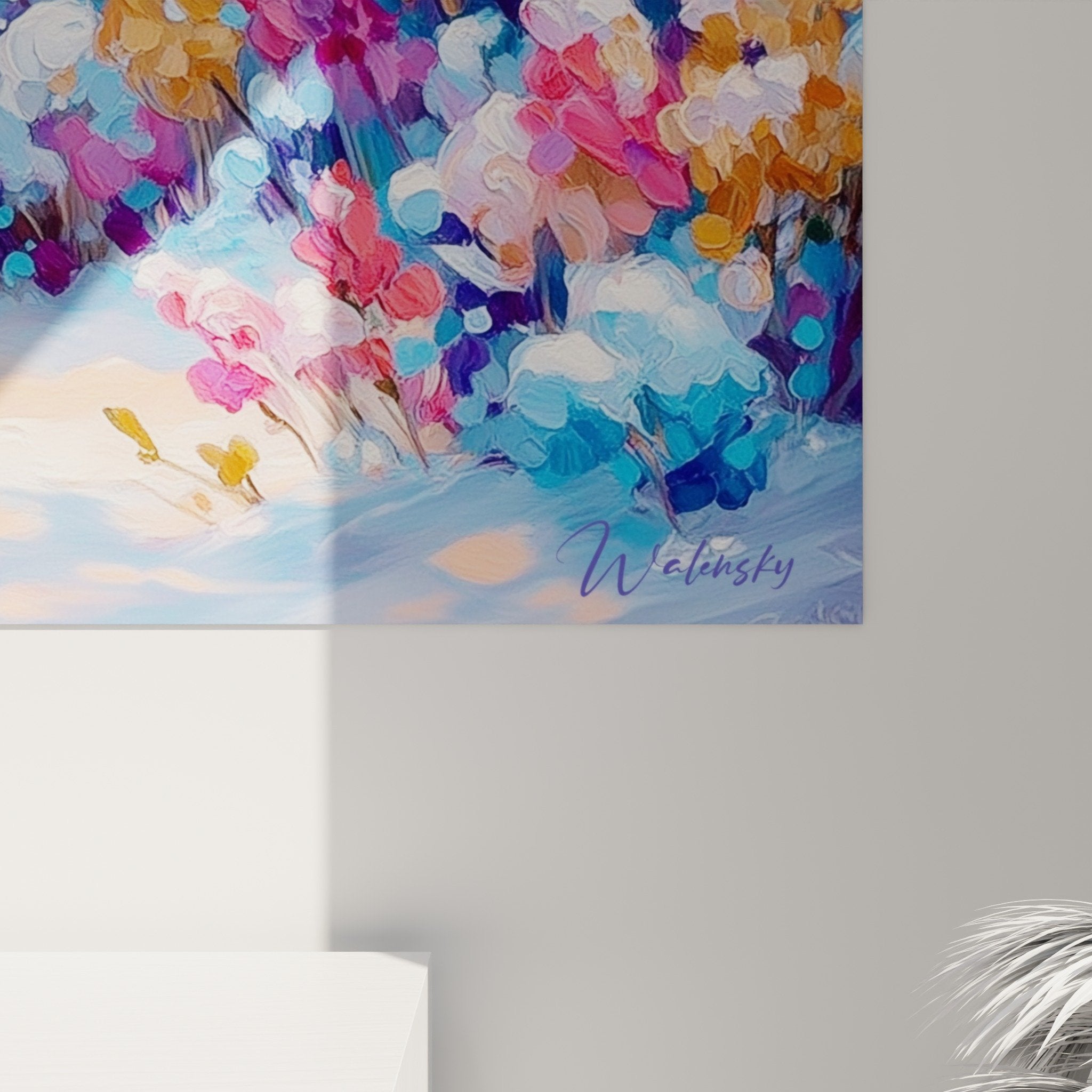 Full view poppy snow shimmering painting iridescent pink purple gold palette poetic wall decoration