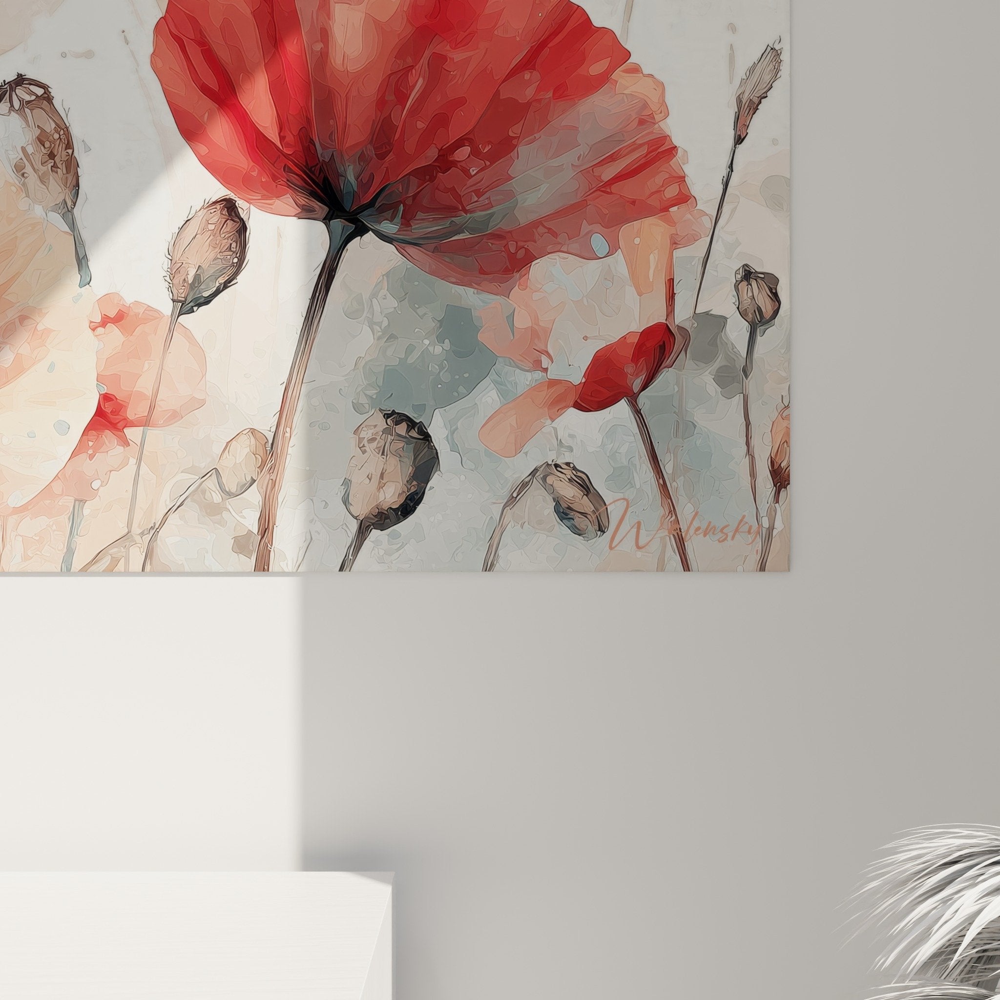 vue ensemble tableau aquarelle coquelicots rouge corail fond beige composition florale artistique murale