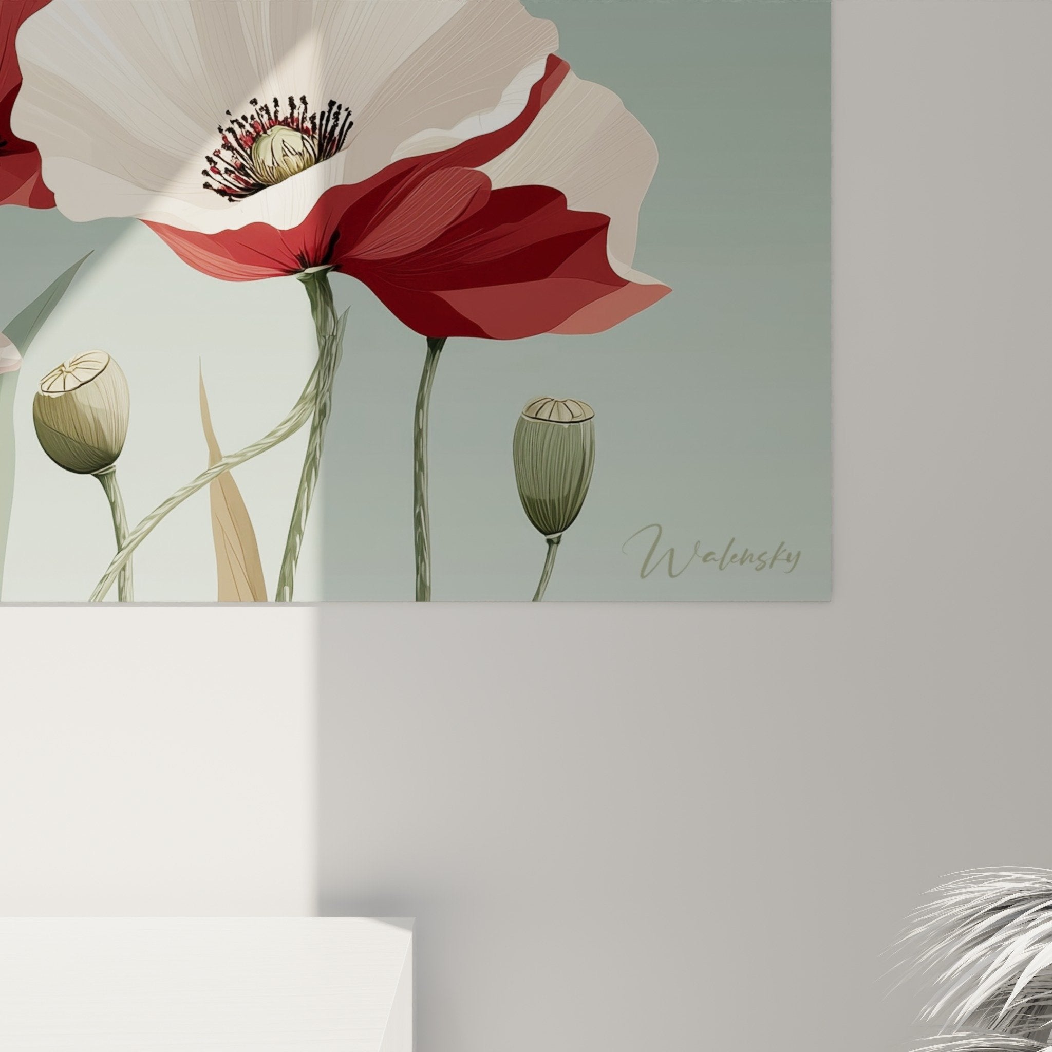 tableau mural coquelicots composition florale panoramique tiges vertes bourgeons style artistique