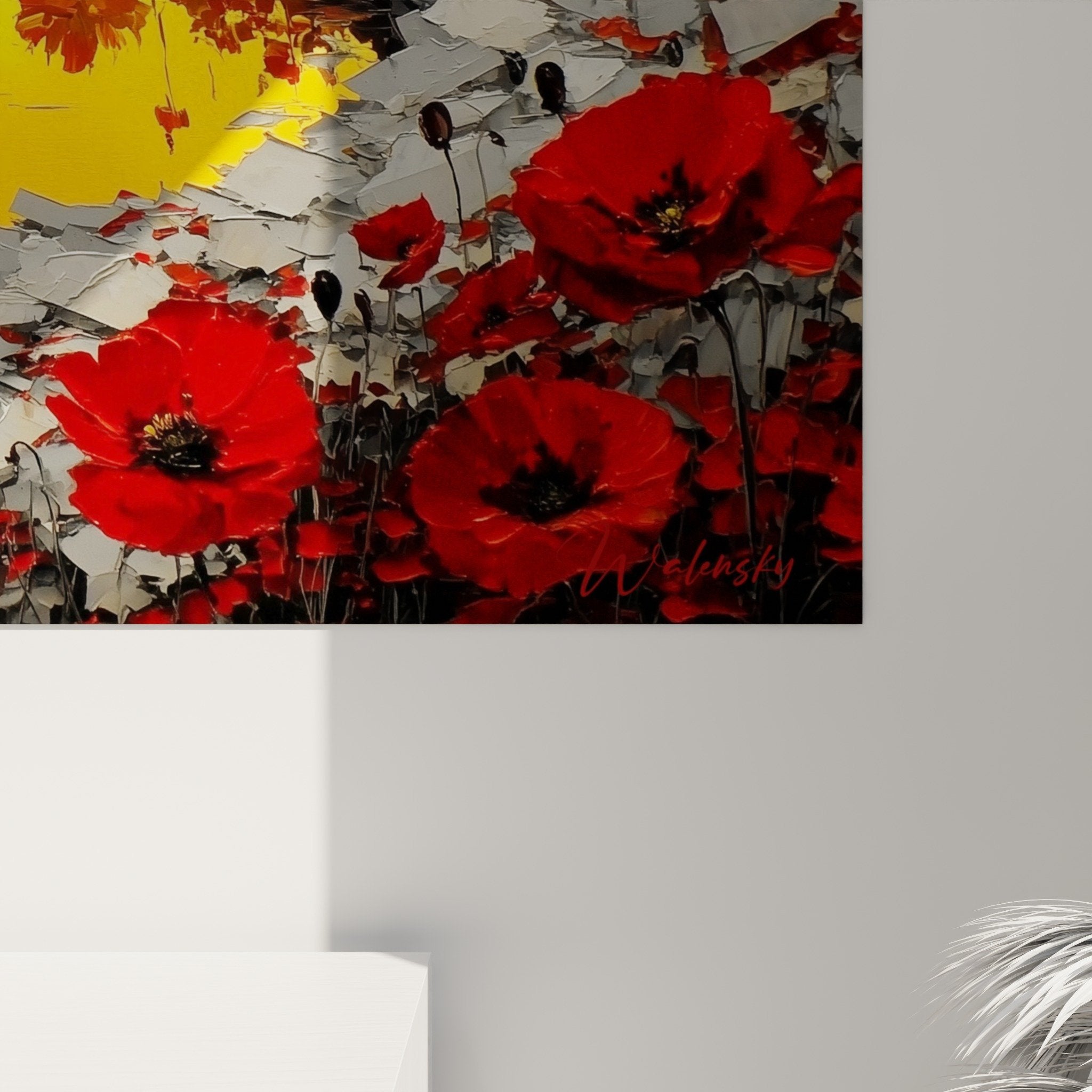 poppy painting wall art modern interior decoration red yellow overall view