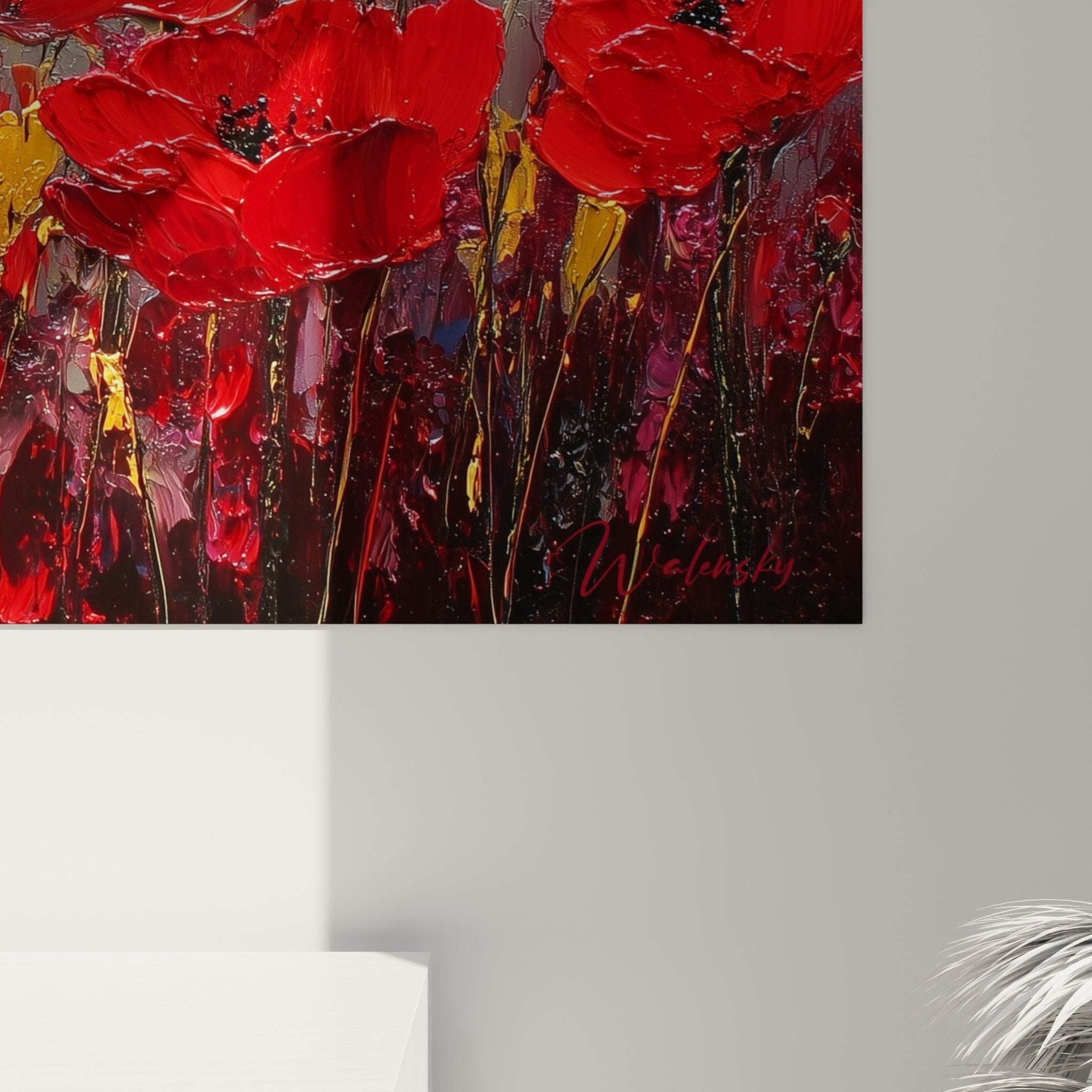 Vue ensemble tableau coquelicots rouges fond dore feng shui sud feu decoration interieur
