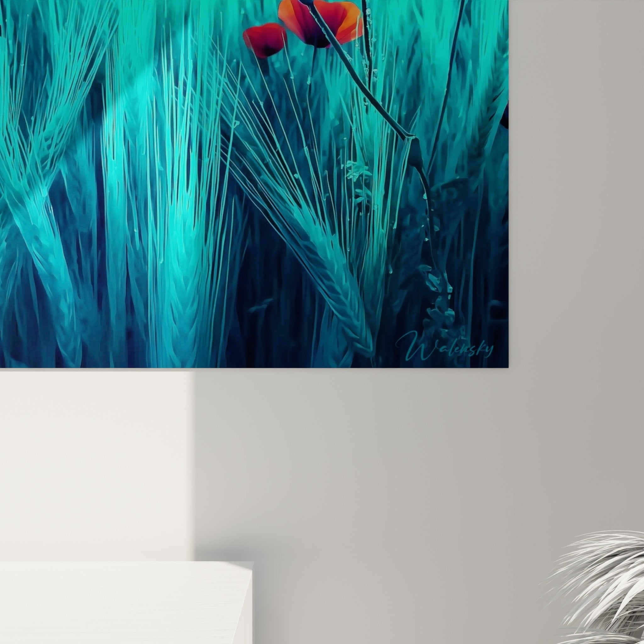 Full view poppy flowers field colorful wall art contemporary painting floral decoration red turquoise