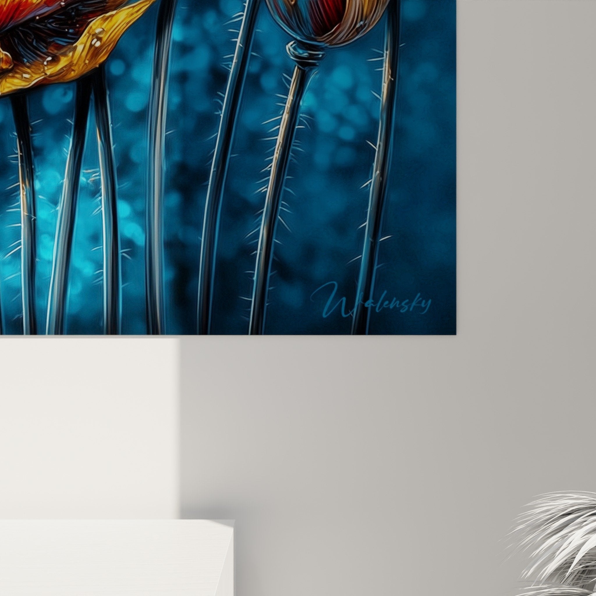 Vue ensemble tableau coquelicots tons dores oranges sur mur salon contemporain