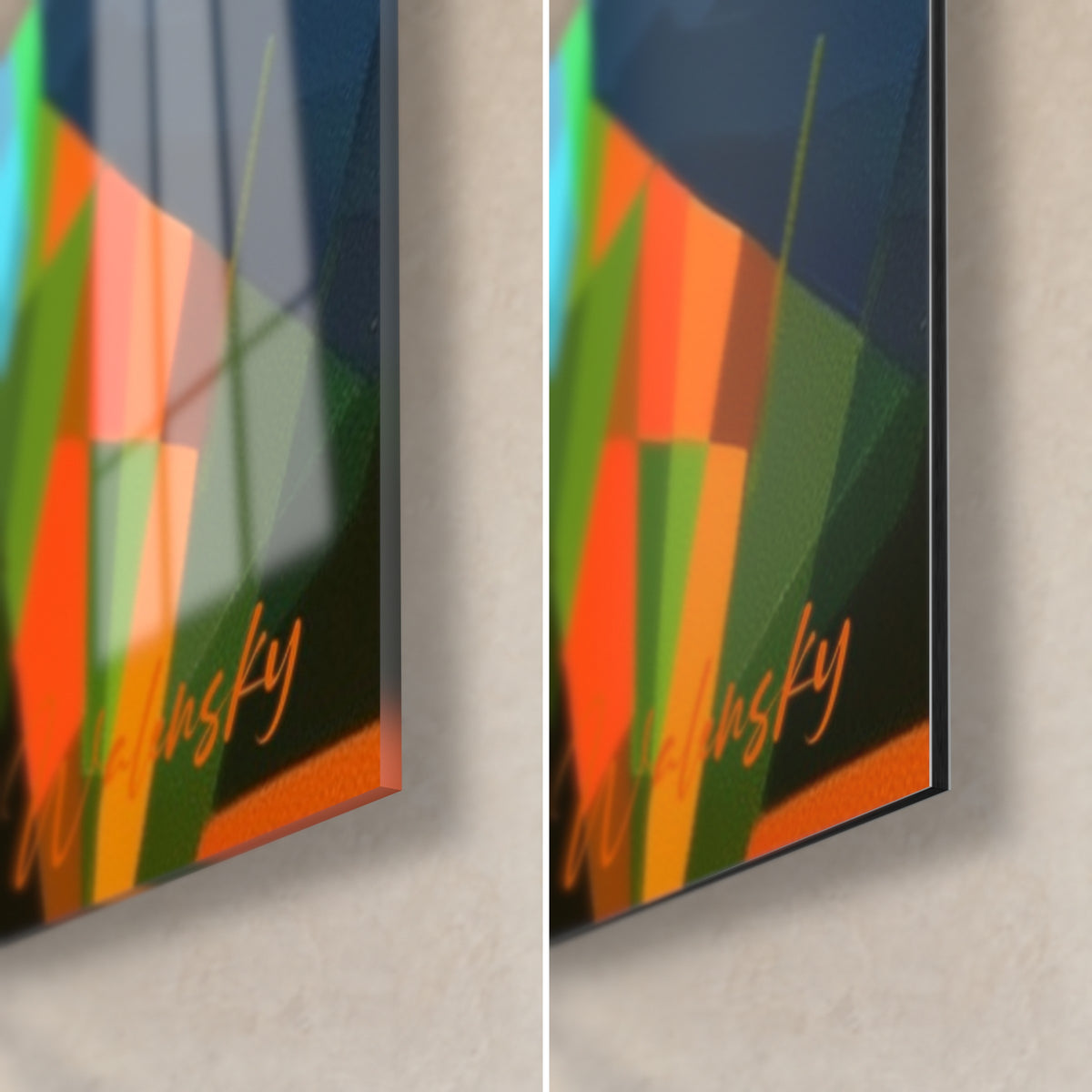 Tableau pavots en éclats rouge et orange, coin bas droit : verre brillant reflétant à gauche, Dibond mat à droite, tranche 3 mm