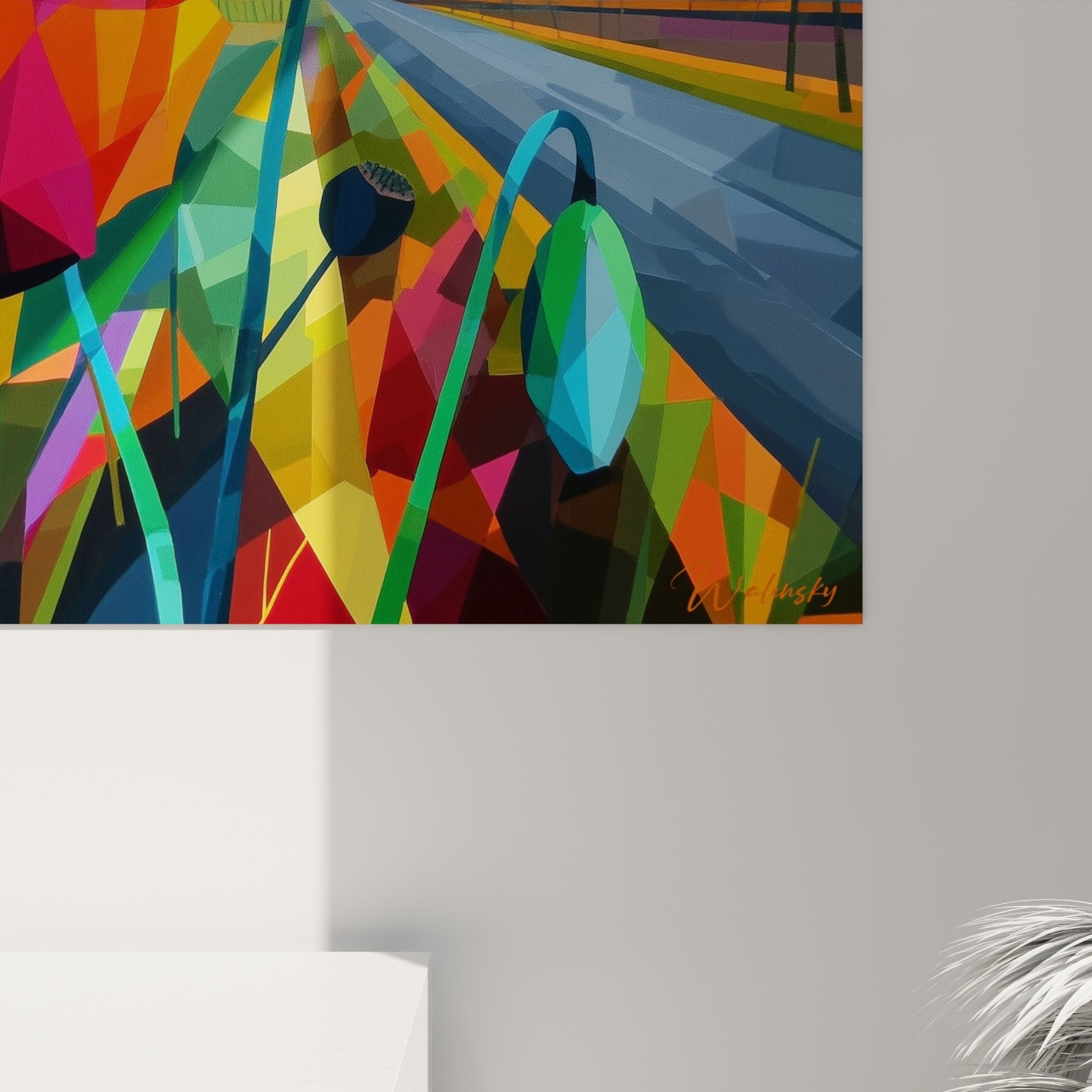 Vue ensemble tableau coquelicots geometriques decoration salon moderne art mural floral rouge orange