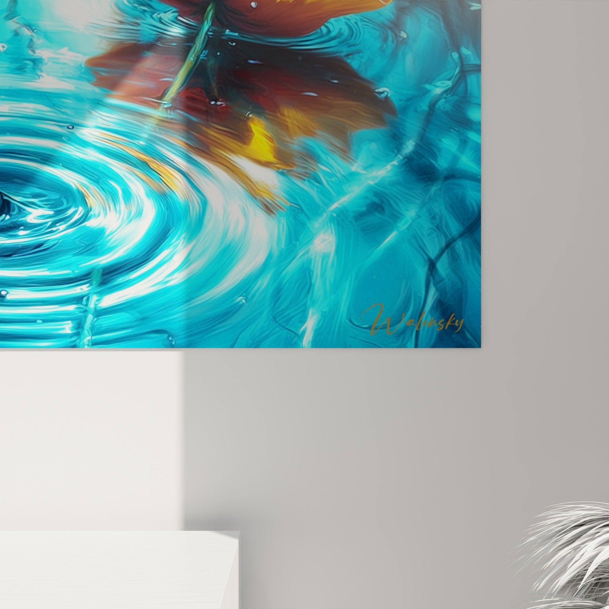 Vue ensemble tableau coquelicots dorés surface eau turquoise composition florale aquatique edition coquelicot