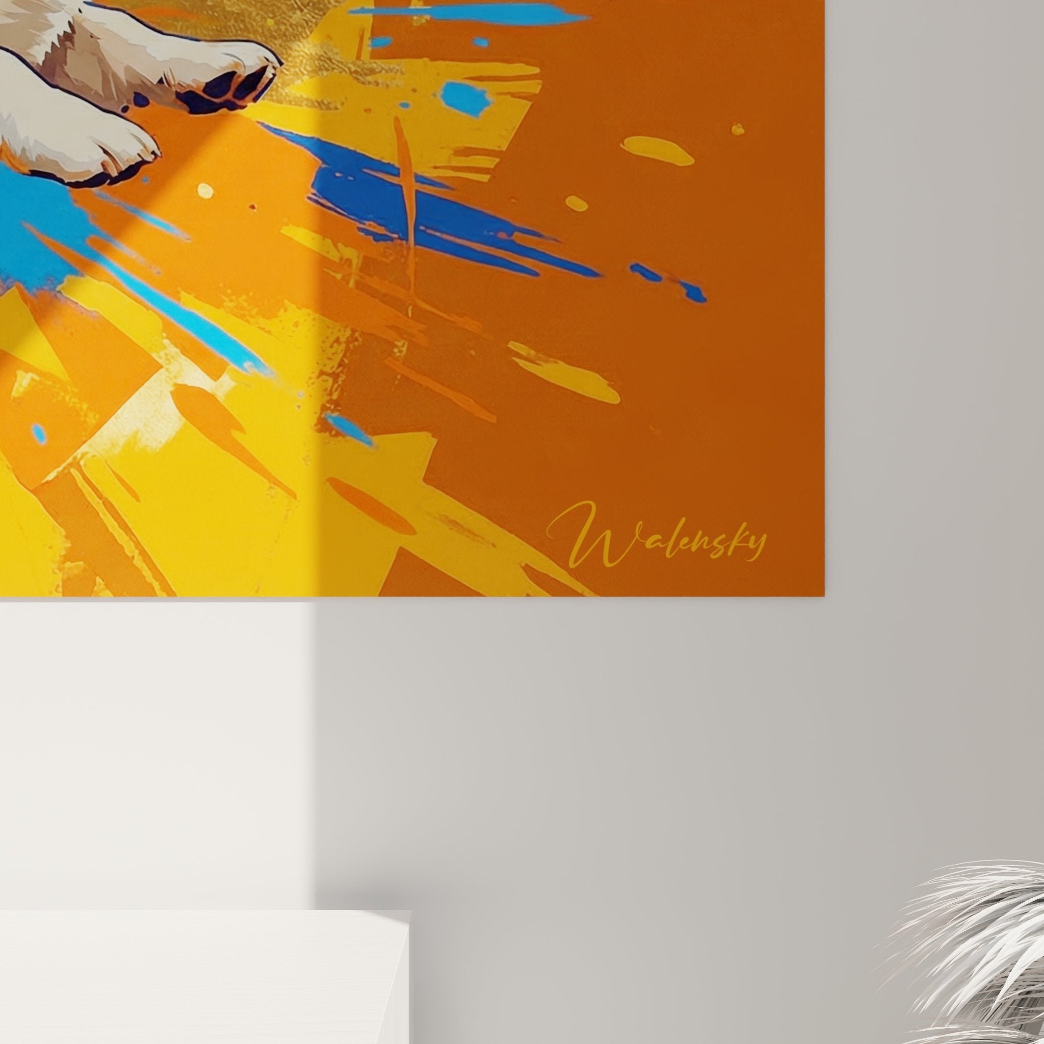 Vista complessiva quadro Corgi saltellante decorazione murale esplosione di colori arancione blu stile moderno