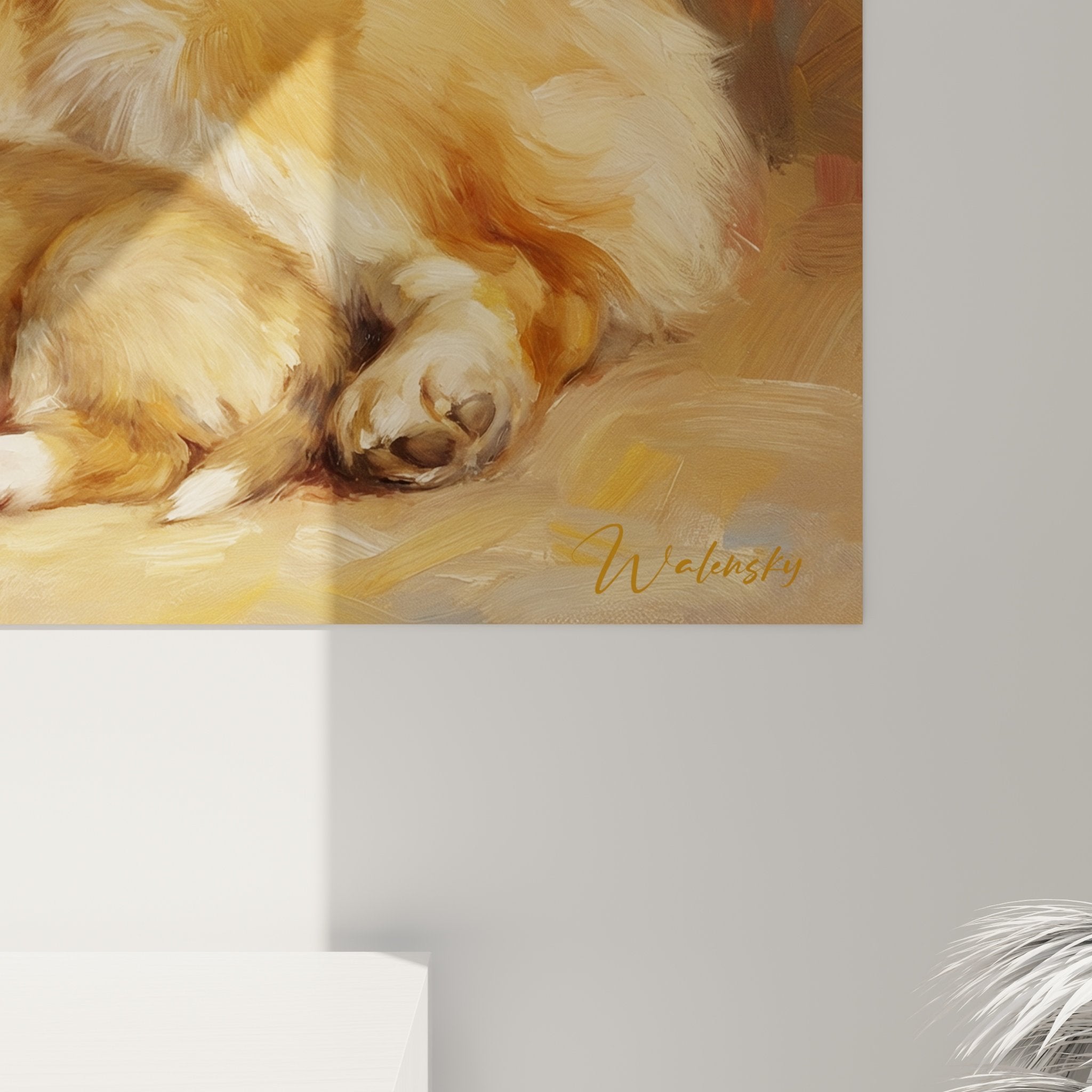 Vue ensemble tableau Corgi famille, décoration murale chaleureuse, palette chromatique miel et ocre