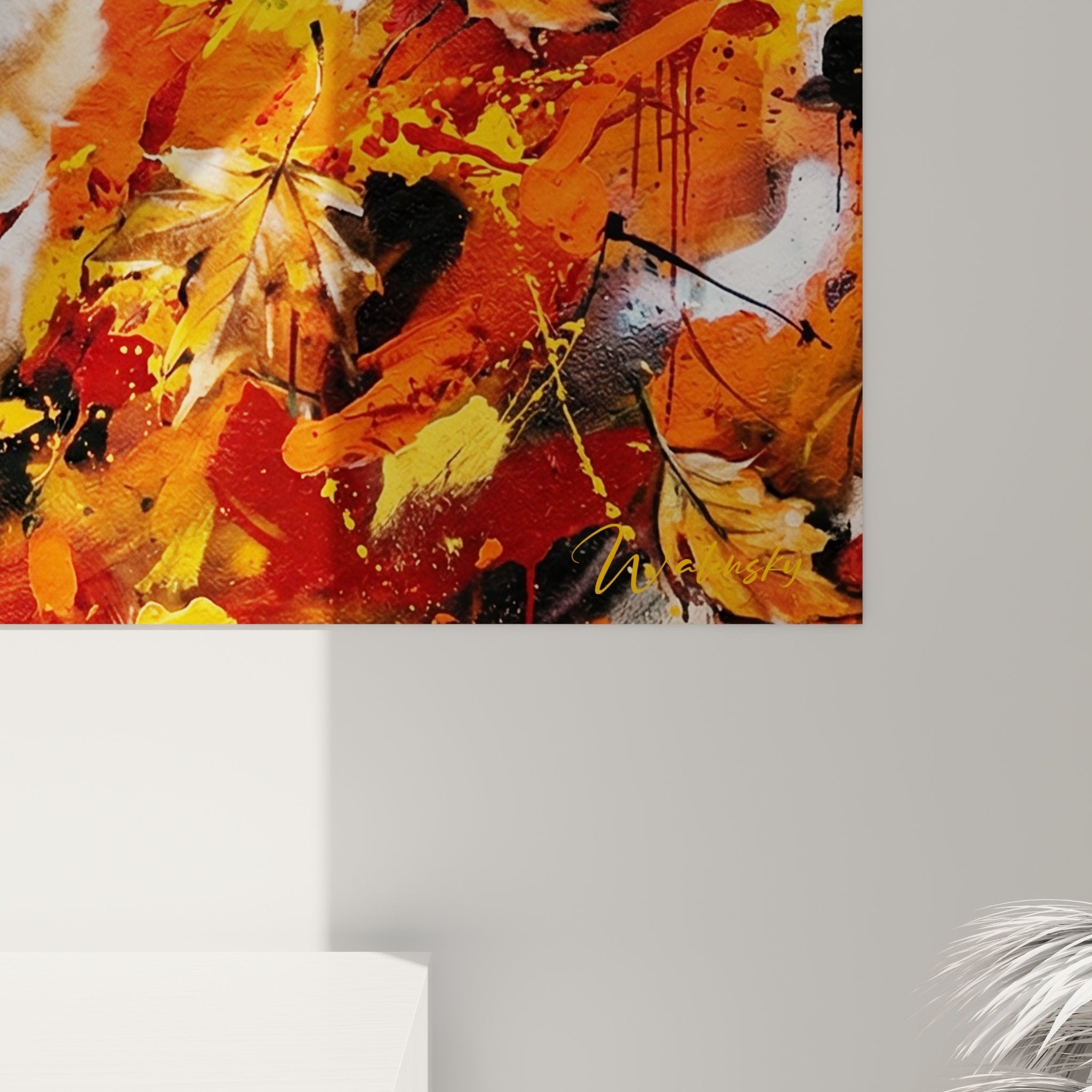Gesamtansicht Corgi Pembroke Gemälde Wandkunst Wohnzimmer moderne Dekoration lebendige dynamische Herbstfarben
