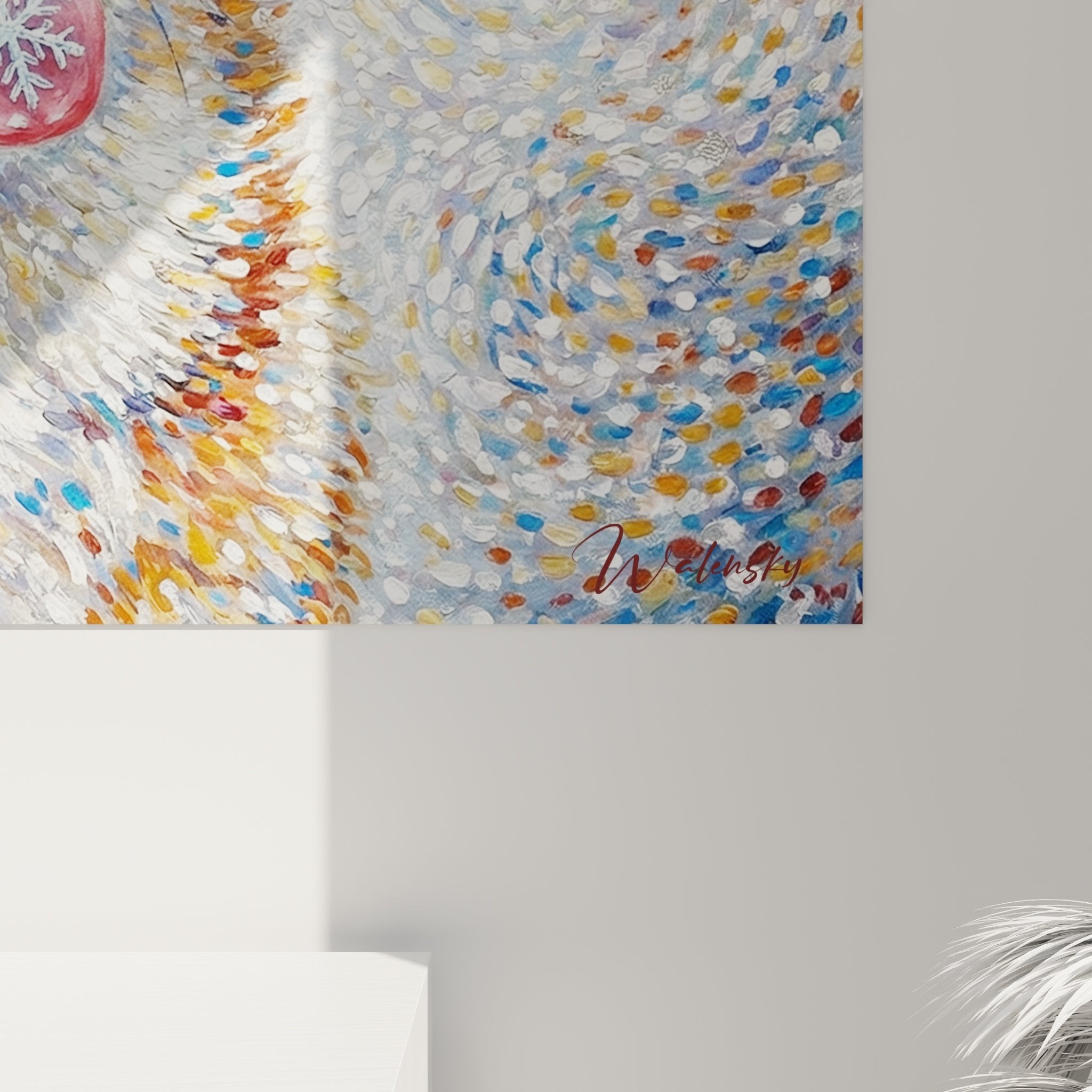 Vue ensemble tableau corgi neige tourbillon colore decoration murale pointillisme animal