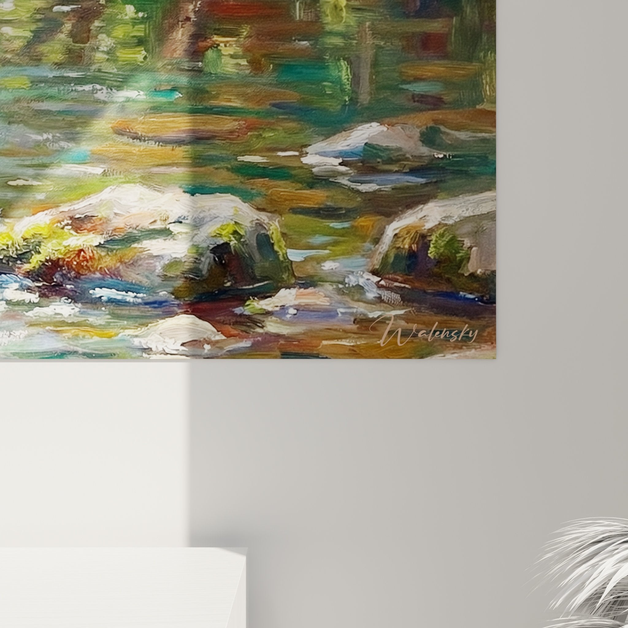 Gesamtansicht Gemälde Corgi überquert Bach, Tierkunstwerk in warmen Herbsttönen