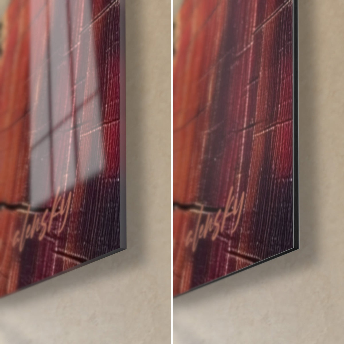 Gemälde Baumscheiben mit bordeauxroten Jahresringen, 3 mm Stärke, untere rechte Ecke aus glänzendem Acrylglas und mattem Dibond-Aluminium