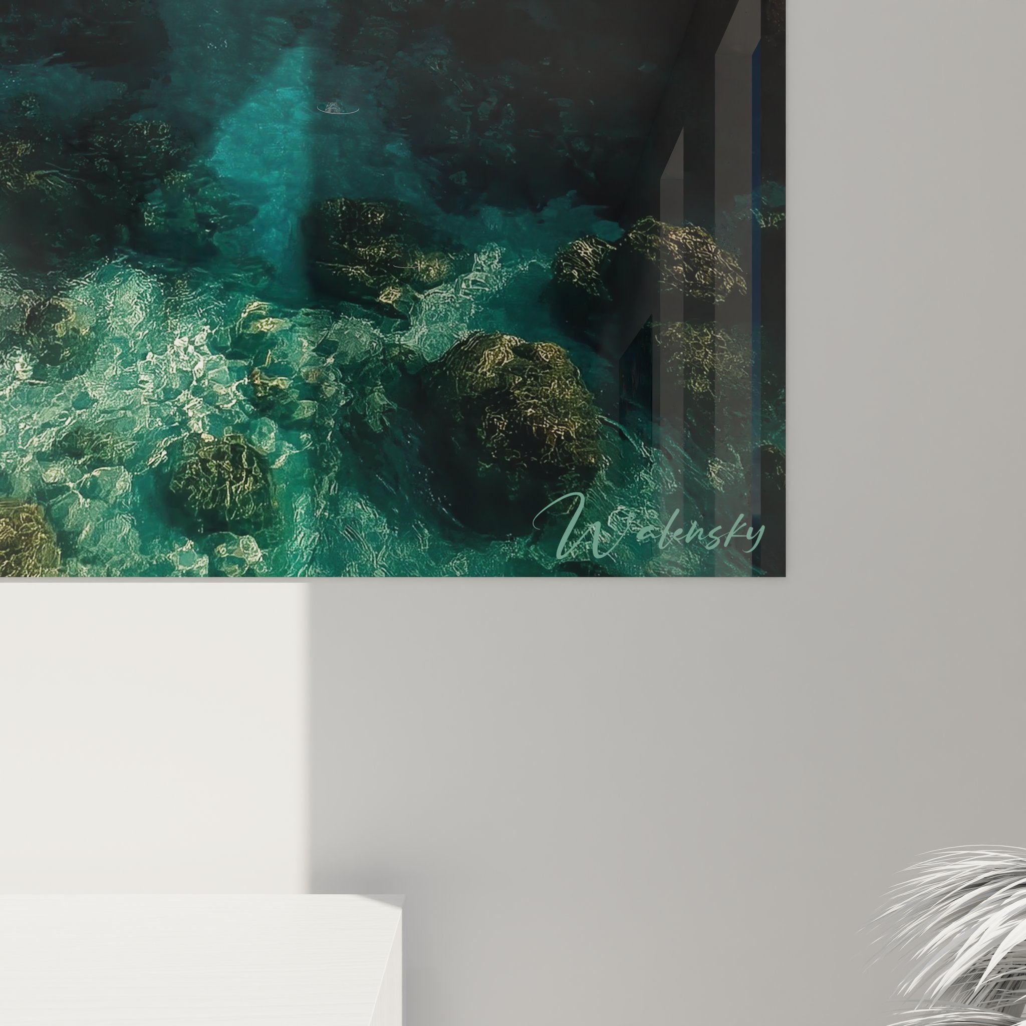 Vue ensemble tableau mural crique paradisiaque palmiers lagon décoration intérieur tropical