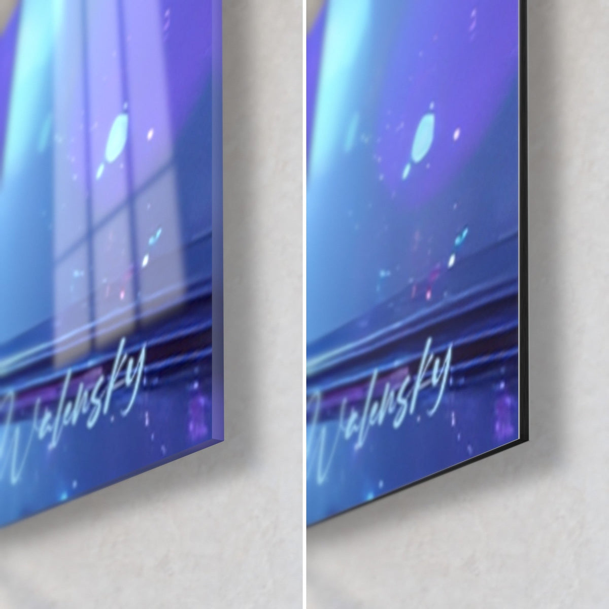 Quadro cubi di cristallo viola e blu, angolo in basso a destra: vetro acrilico lucido a sinistra, alluminio Dibond opaco e bordo a destra