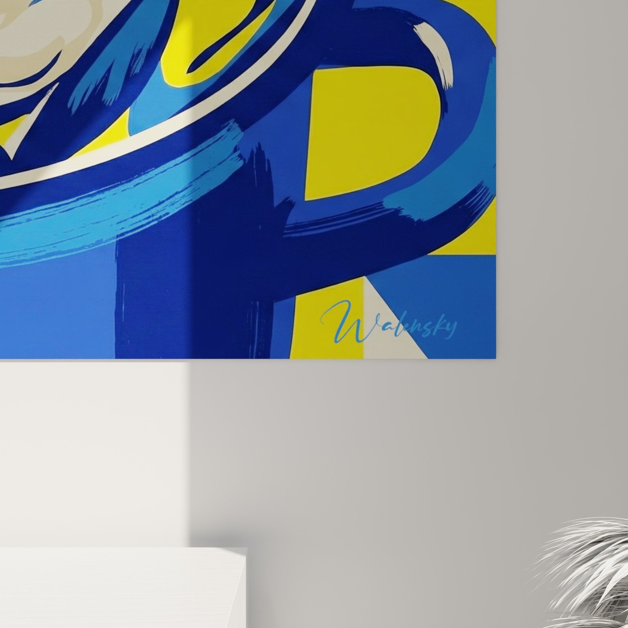 Gesamtansicht Gemälde Kasserolen-Formen blauer Hintergrund karierter gelber Hintergrund Küchendekoration Bistro-Stil