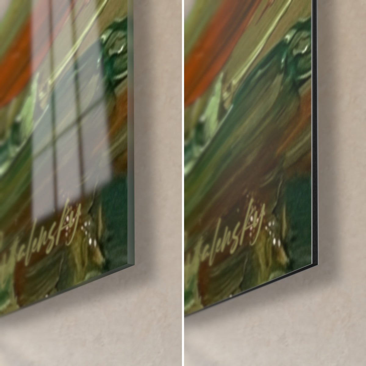 Gemälde eines weiß-orangen Pointers, untere rechte Ecke: glänzendes Acrylglas mit Spiegelung des Fensters, mattschwarzes Alu-Dibond, 3 mm Kante