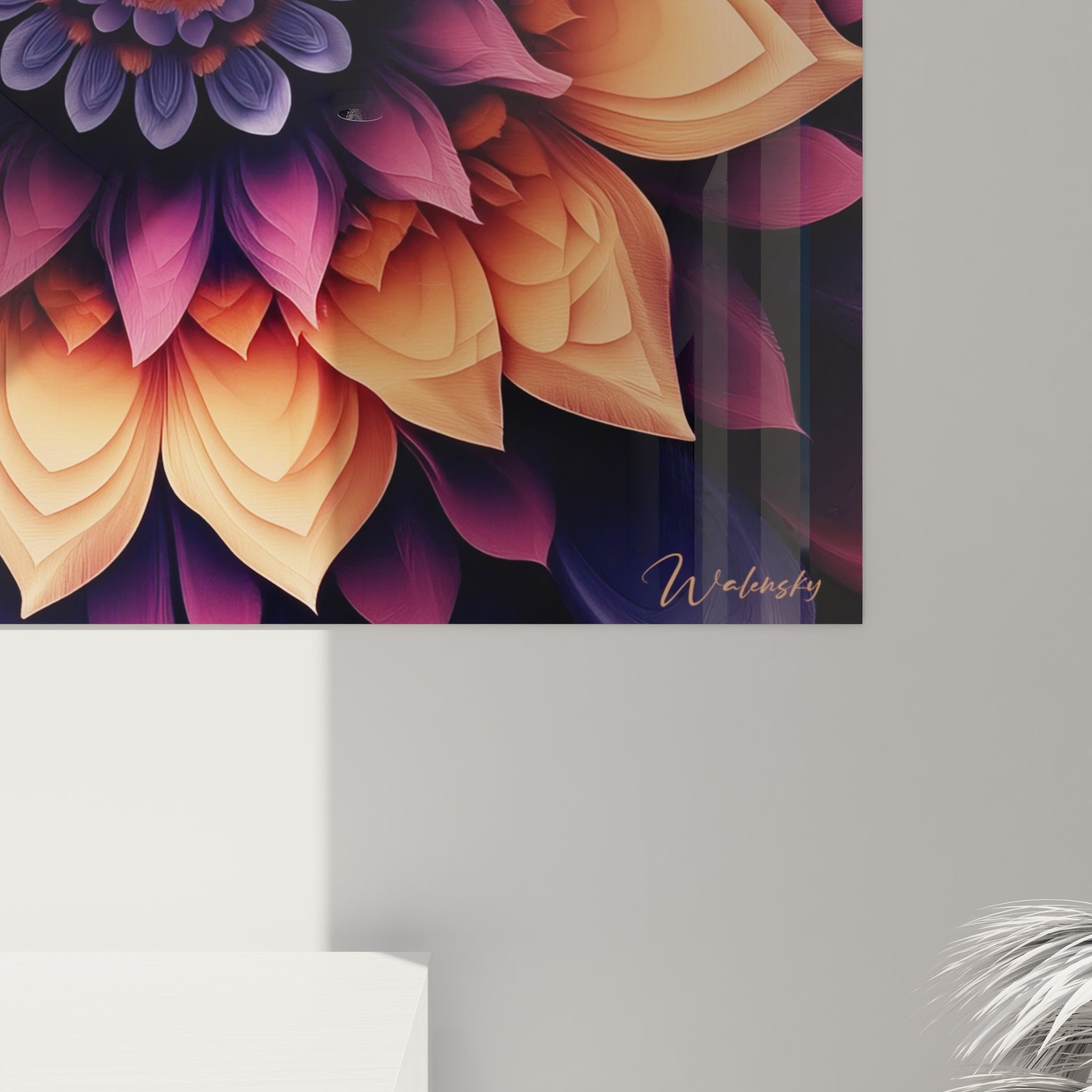 Vue ensemble tableau dahlia mandala fractale, art mural géométrique zen décoration spirituelle