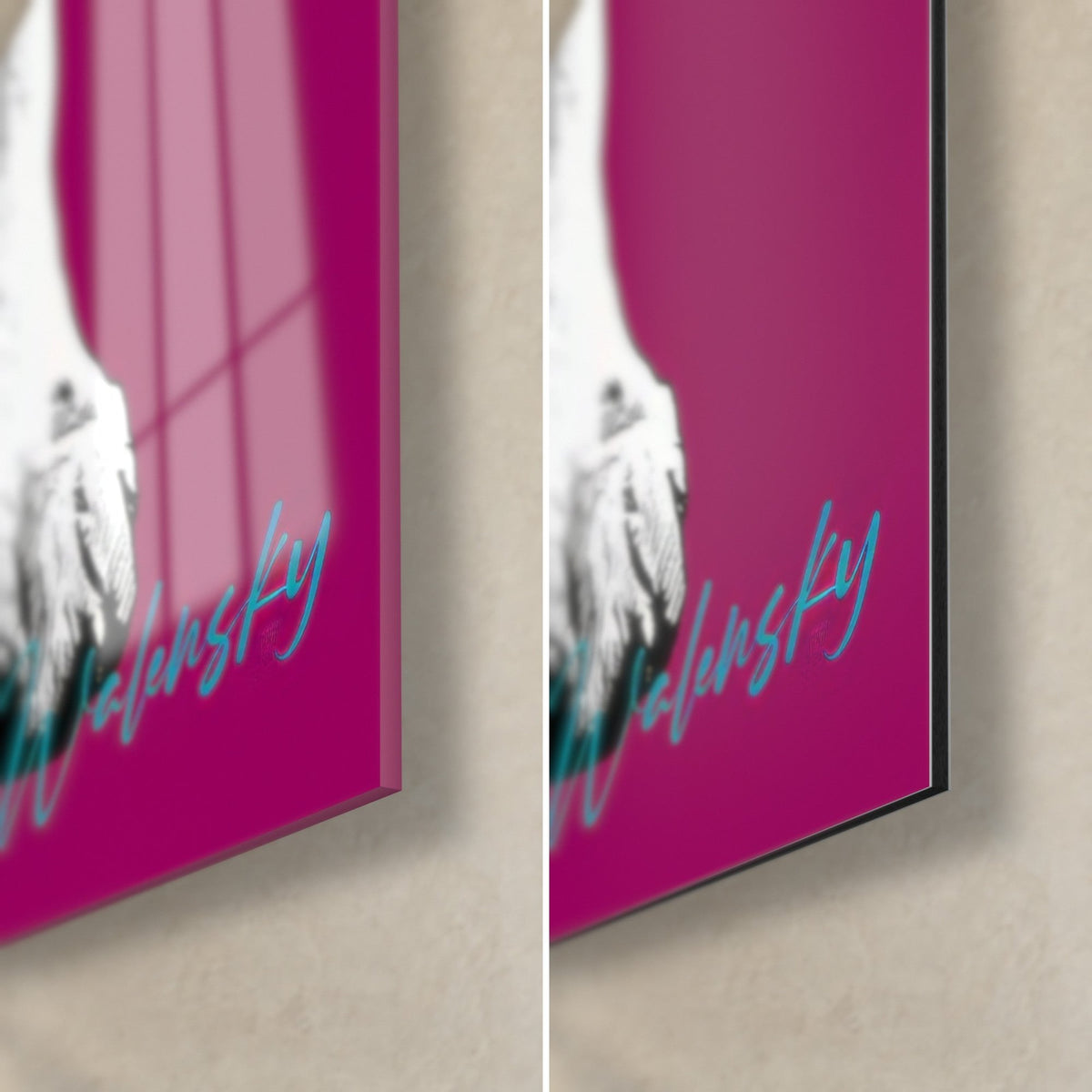 Gemälde Dalmatiner im Pop-Art-Stil, untere rechte Ecke: türkisblaue Signatur auf Fuchsia, glänzendes Acrylglas und mattschwarzes Dibond