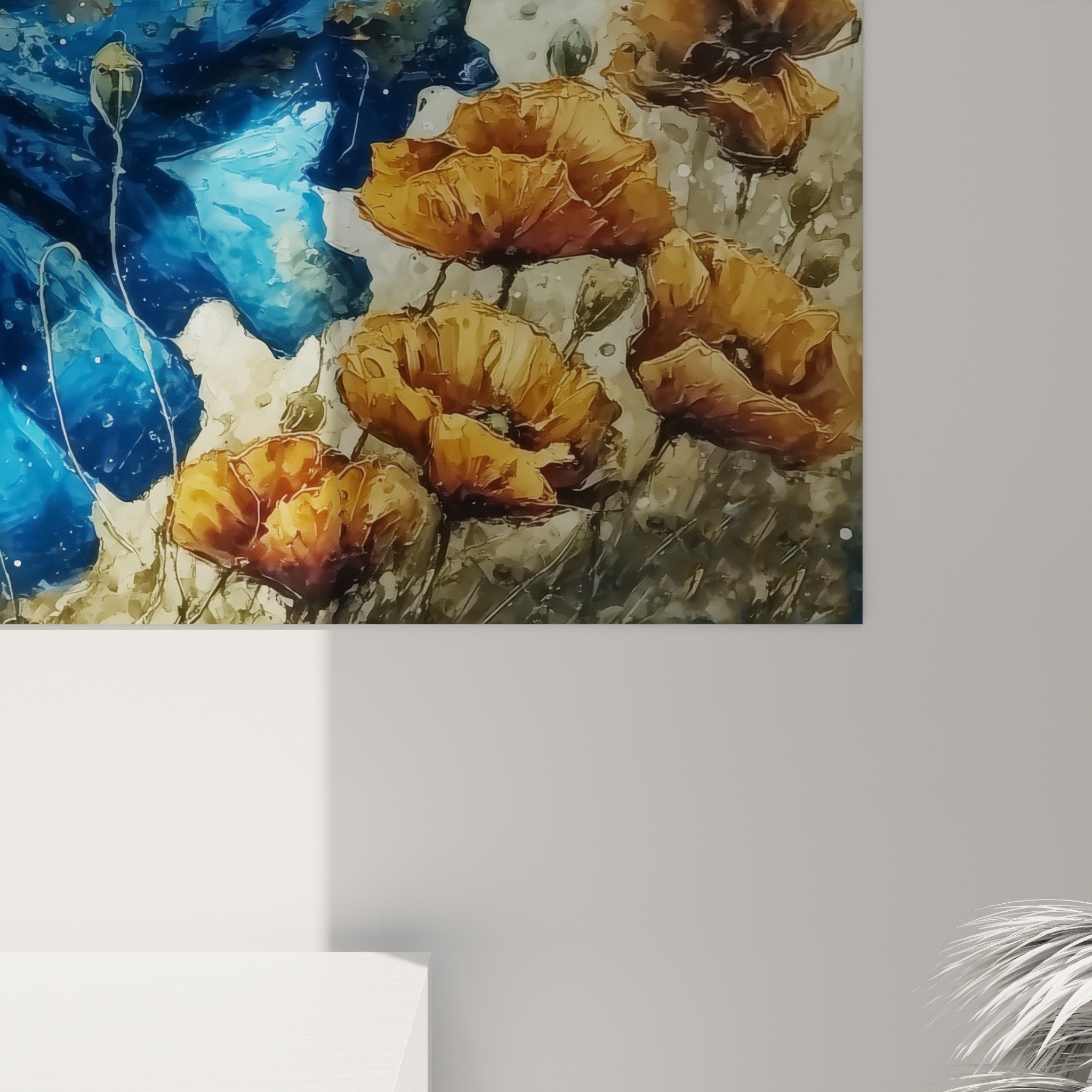 Gesamtansicht Gemälde tanzende Mohnblumen moderne Inneneinrichtung Wandkunst blau orange zeitgenössisch