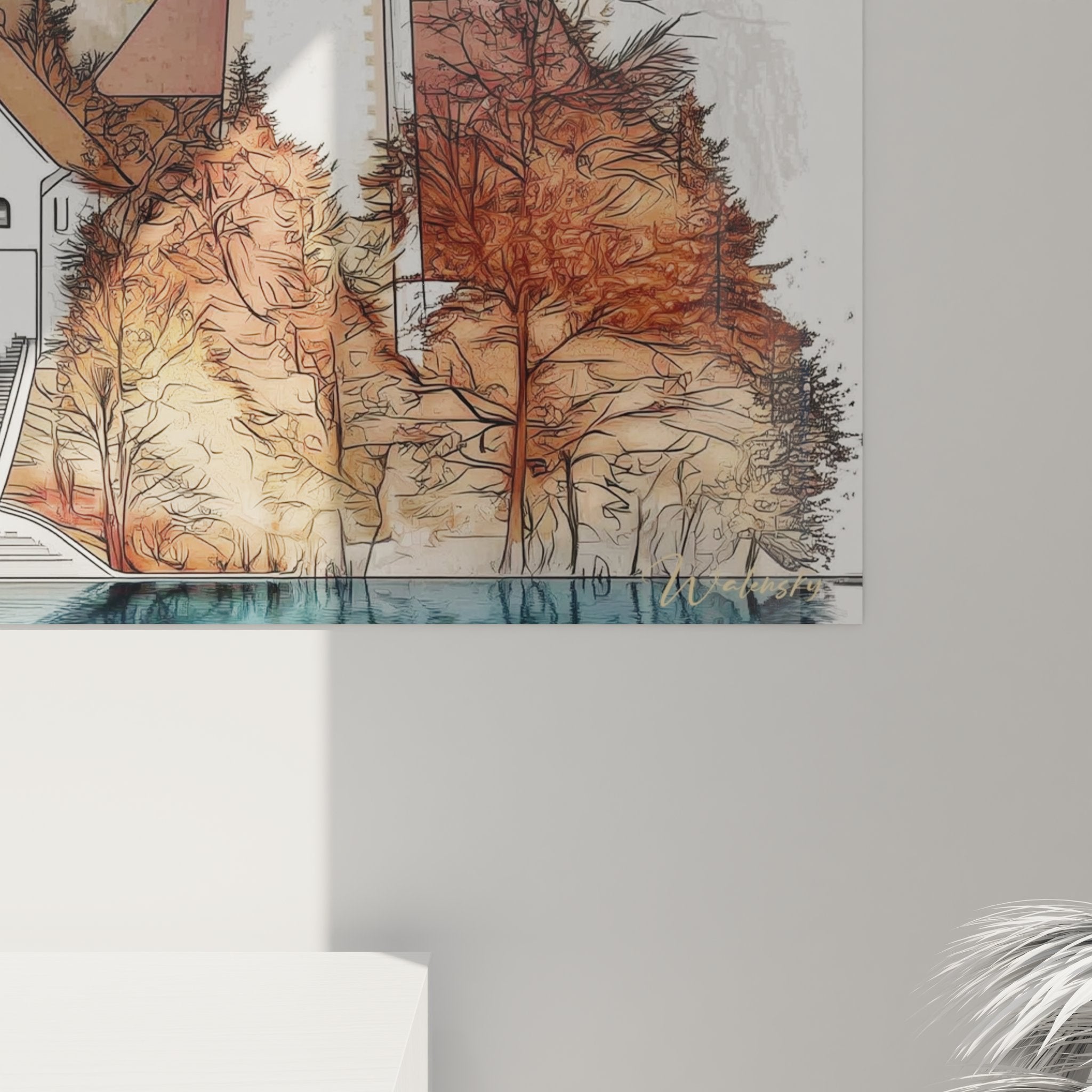 Vue ensemble tableau décoratif église lac alpin paysage montagne couleurs chaudes