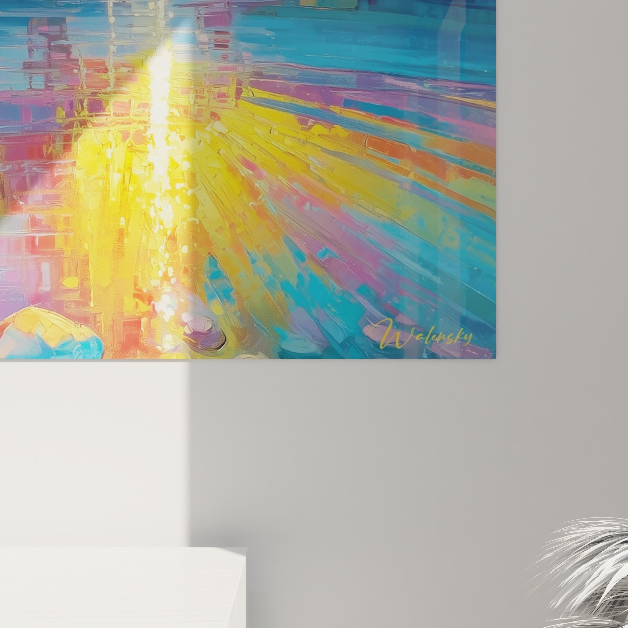 Vue ensemble tableau décoratif montagne style moderne avec panorama alpin et soleil levant