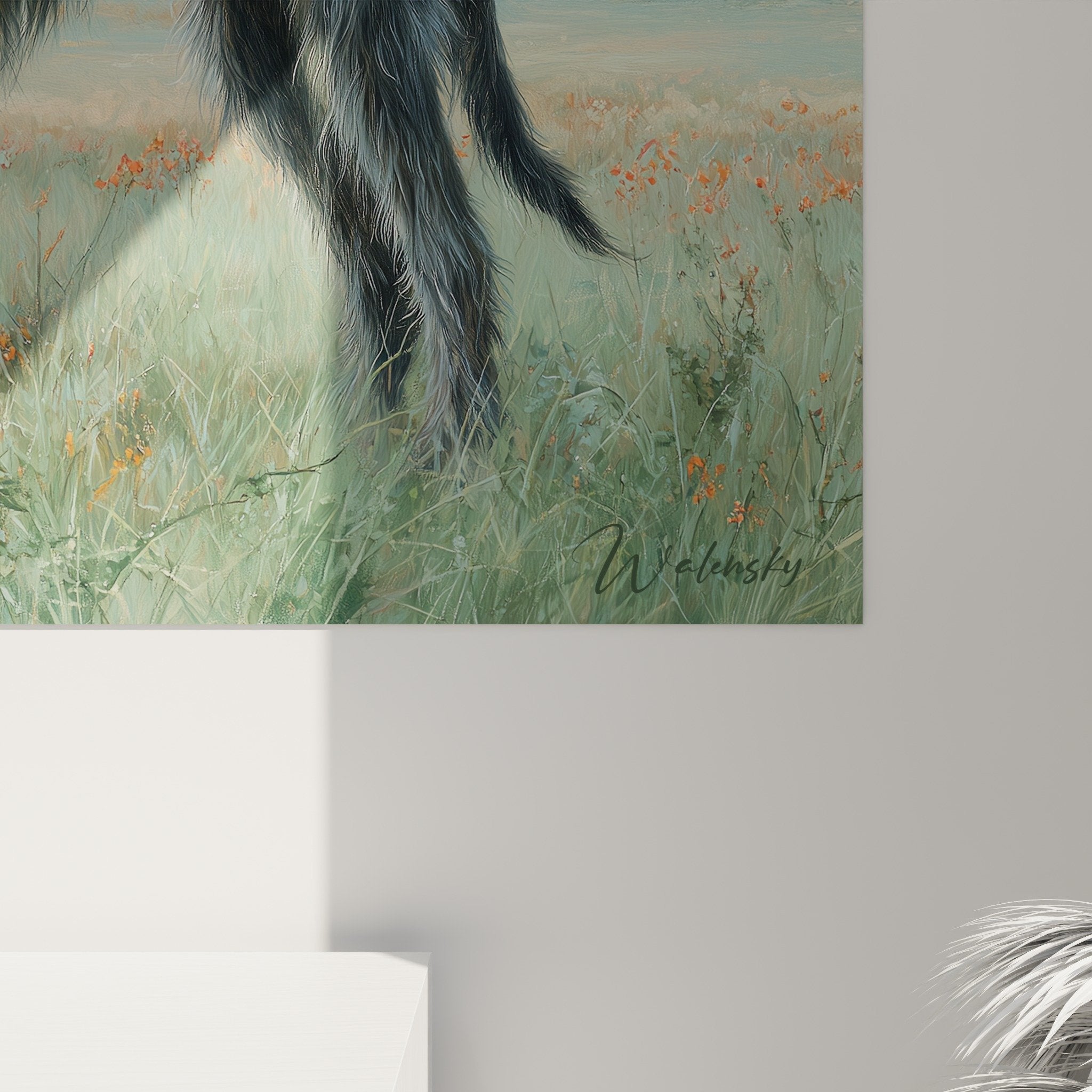 Gesamtansicht Gemälde Deerhound im Morgennebel Innenraumdekoration harmonische Neutraltöne