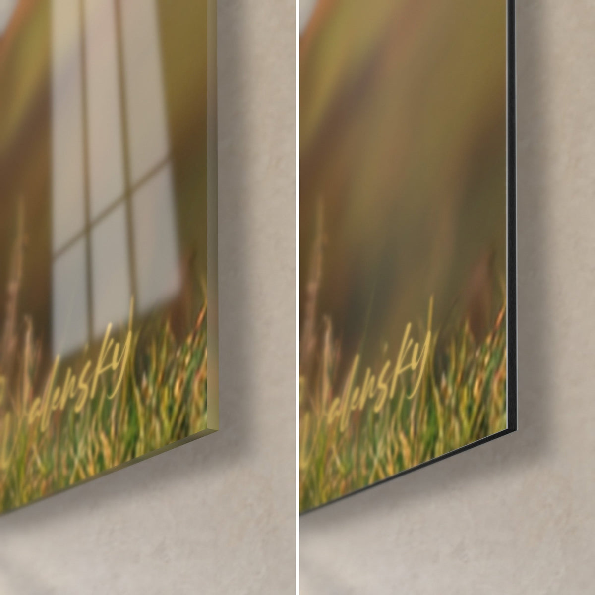Quadro deerhound nell'erba dorata, angolo in basso a destra: vetro lucido a sinistra, Dibond nero opaco a destra, spessore 3 mm