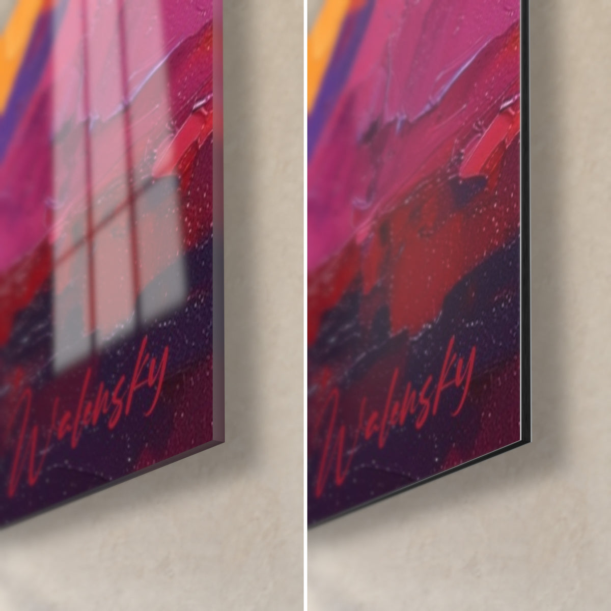 Tableau cactus saguaro aux coups de pinceau épais, coin bas droit violet et rouge, signature rose, verre brillant et Dibond mat